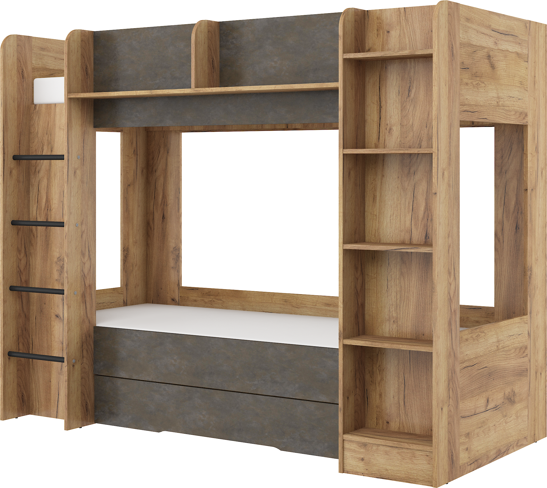 Etagenbett EVE-L für 2 Personen – 2 × 80 × 200 cm mit Schublade und Regalen