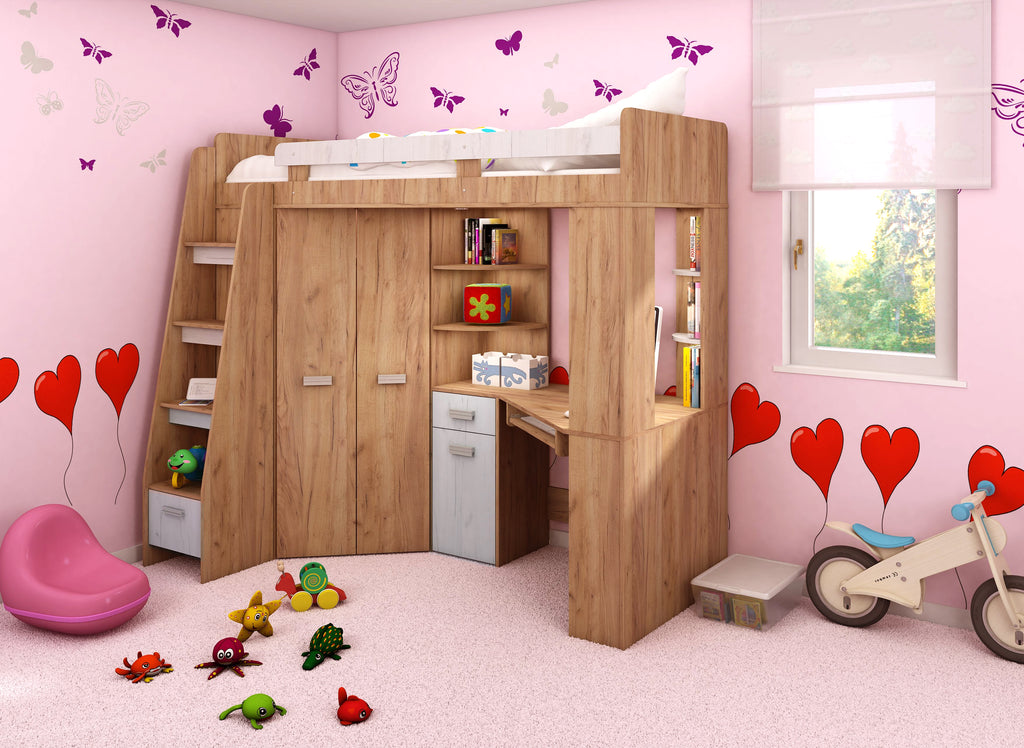 Etagenbett ANT-L mit funktionaler Treppe links, Eckkleiderschrank und Schreibtisch