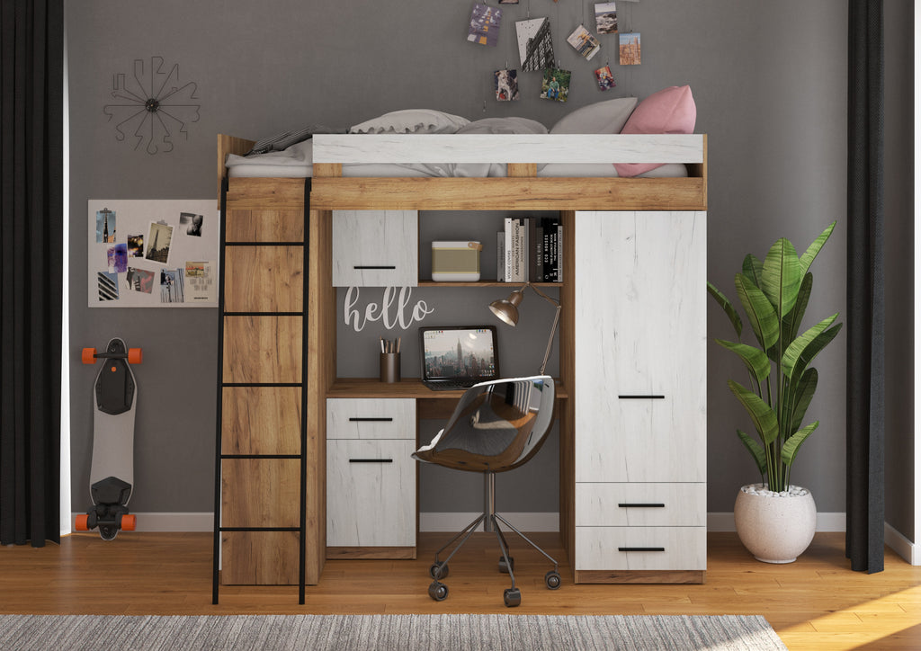 Etagenbett LEV-L mit Leiter links, Kleiderschrank, Schreibtisch und viele Regale