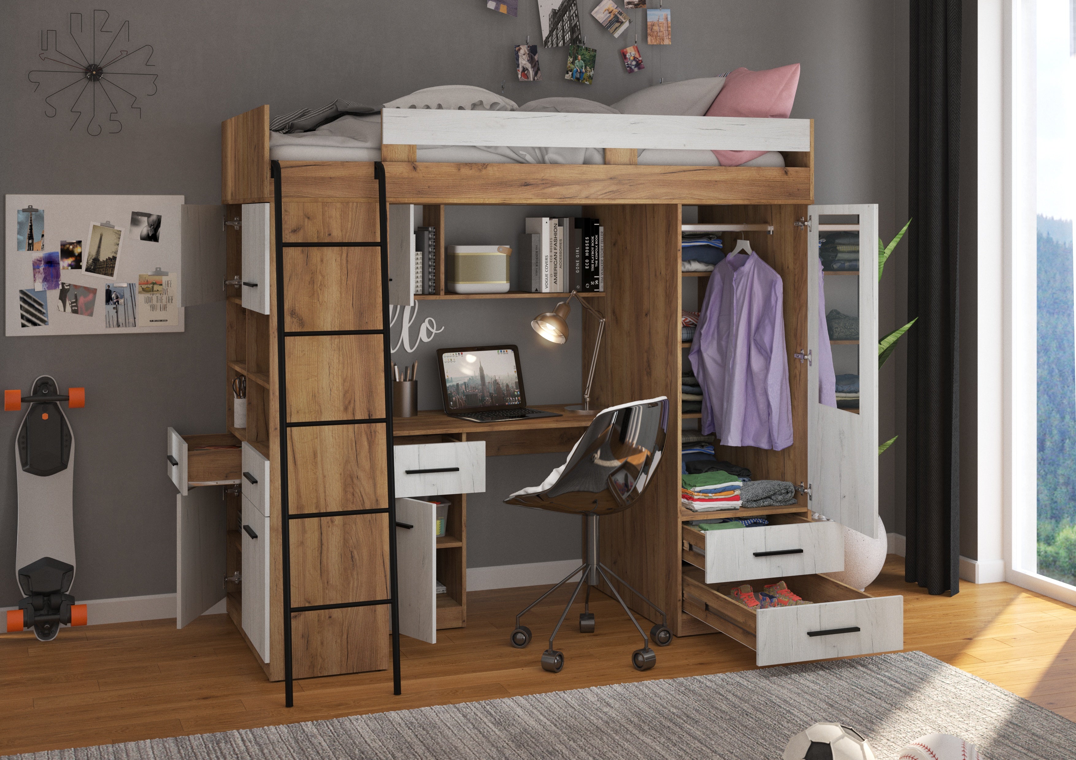Etagenbett LEV-L mit Leiter links, Kleiderschrank, Schreibtisch und viele Regale