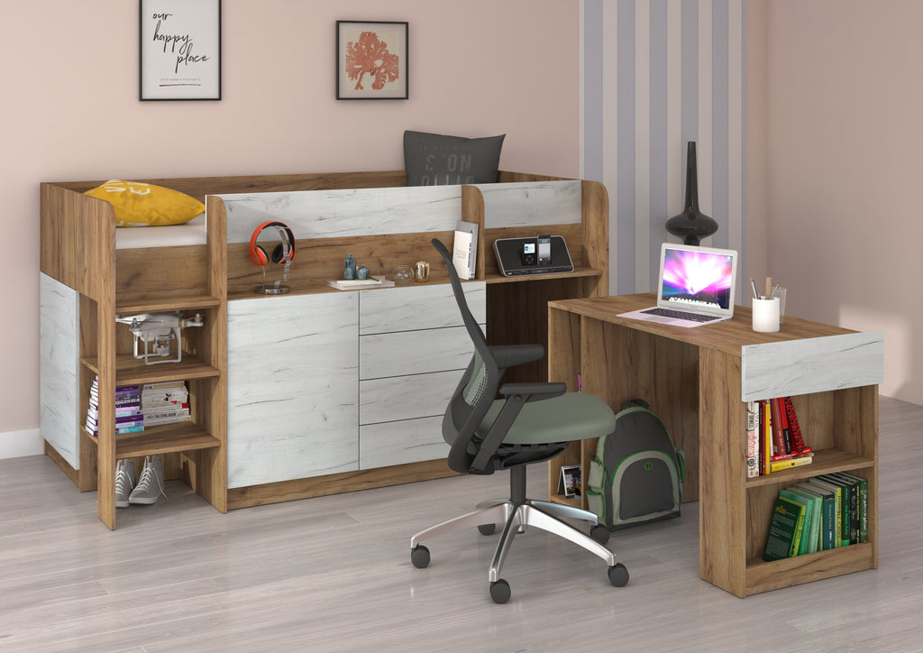 Etagenbett SMI-L mit Treppe links, Ausziehbarer Schreibtisch und kleiner Schrank