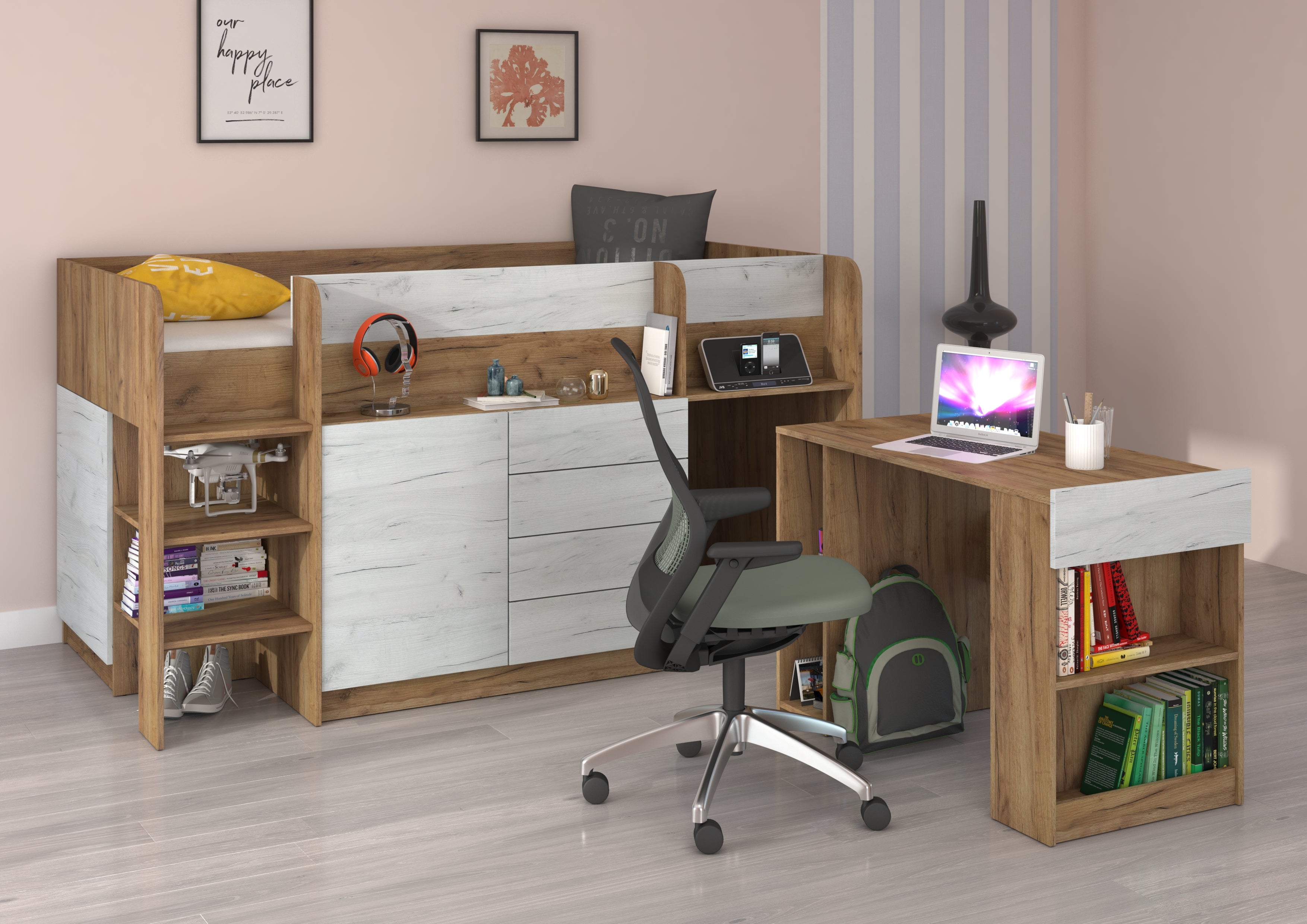 Etagenbett SMI-L mit Treppe links, Ausziehbarer Schreibtisch und kleiner Schrank