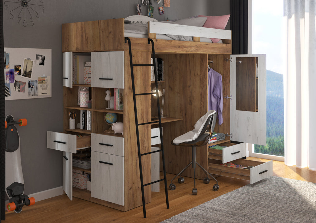 Etagenbett LEV-L mit Leiter links, Kleiderschrank, Schreibtisch und viele Regale