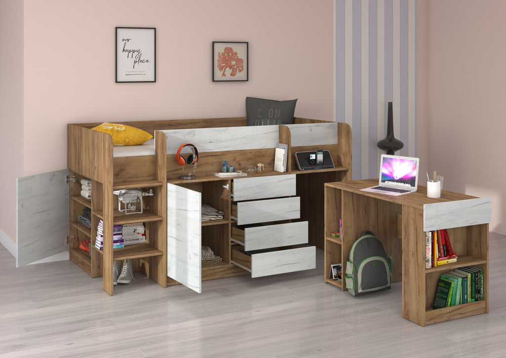 Etagenbett SMI-L mit Treppe links, Ausziehbarer Schreibtisch und kleiner Schrank
