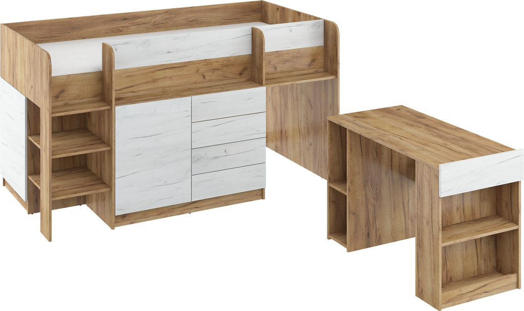 Etagenbett SMI-L mit Treppe links, Ausziehbarer Schreibtisch und kleiner Schrank