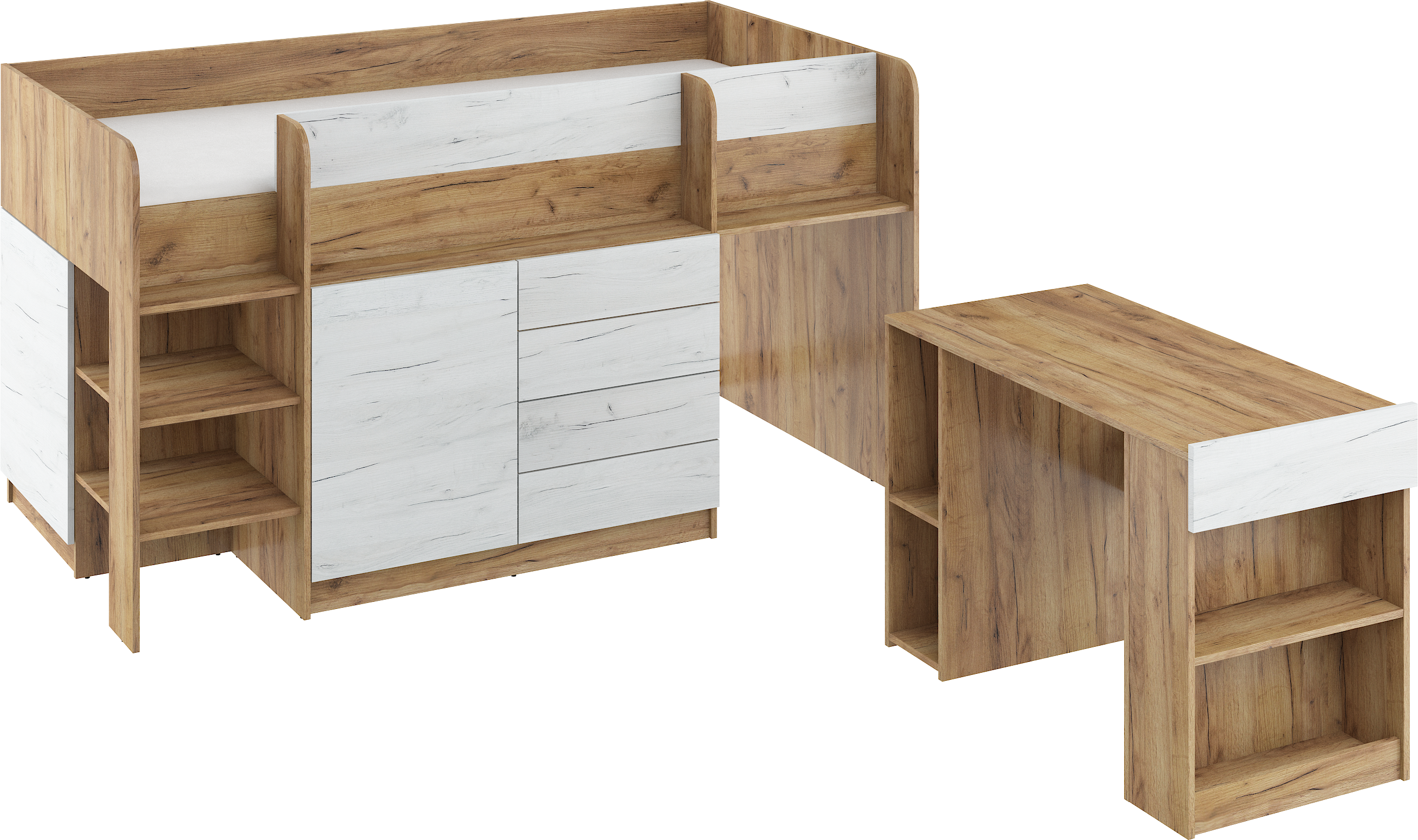 Etagenbett SMI-L mit Treppe links, Ausziehbarer Schreibtisch und kleiner Schrank