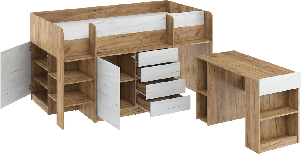 Etagenbett SMI-L mit Treppe links, Ausziehbarer Schreibtisch und kleiner Schrank