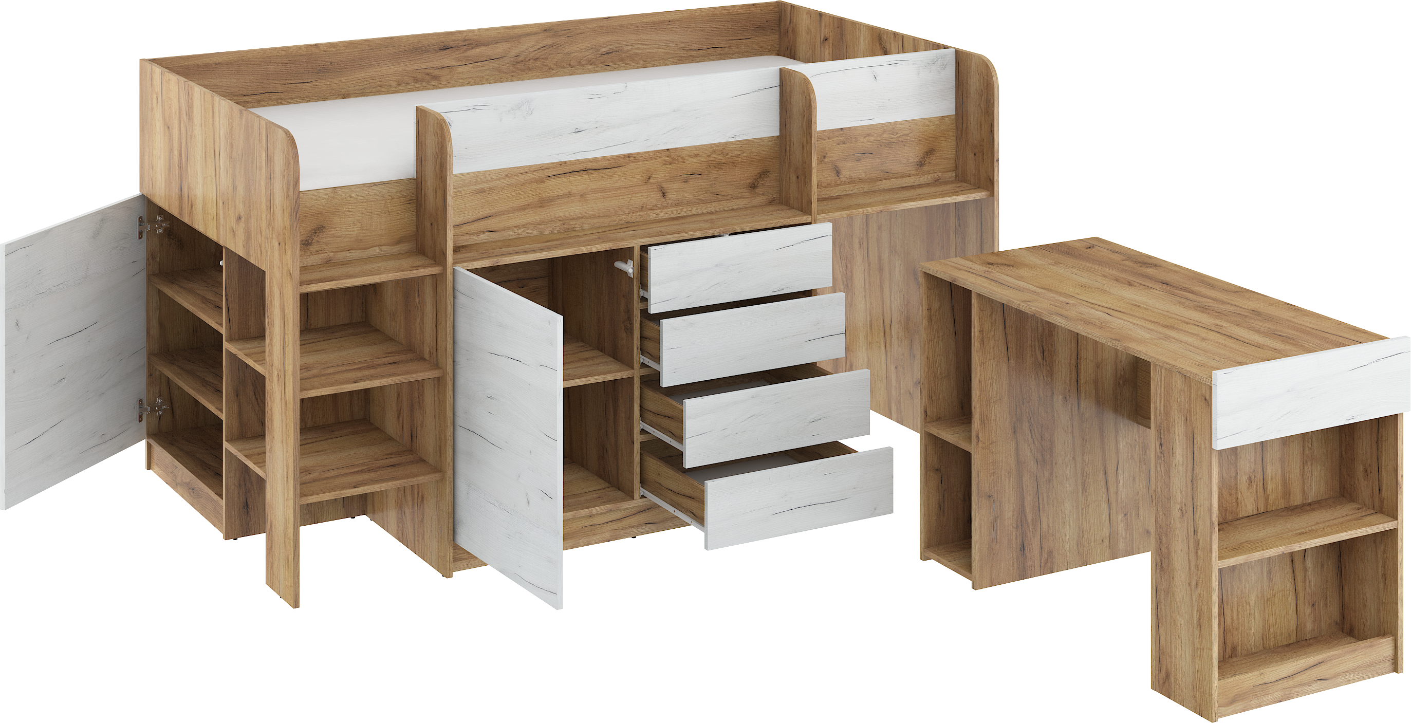 Etagenbett SMI-L mit Treppe links, Ausziehbarer Schreibtisch und kleiner Schrank