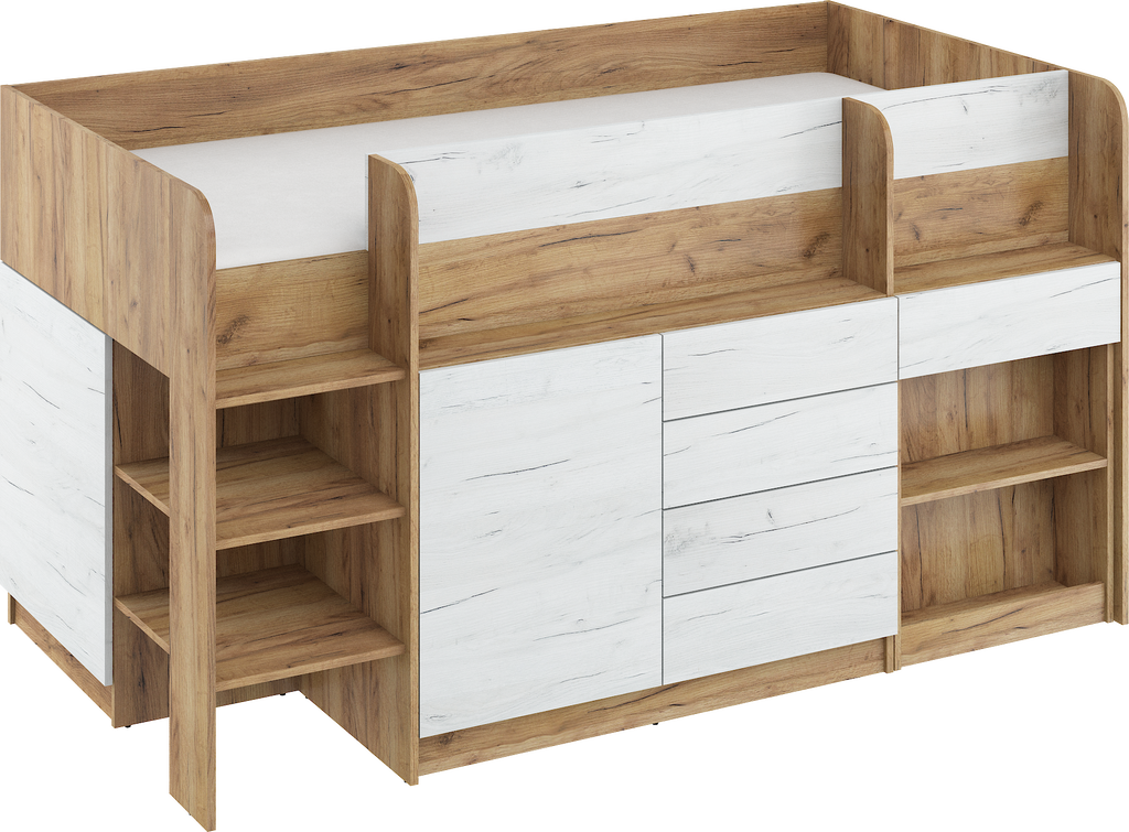 Etagenbett SMI-L mit Treppe links, Ausziehbarer Schreibtisch und kleiner Schrank