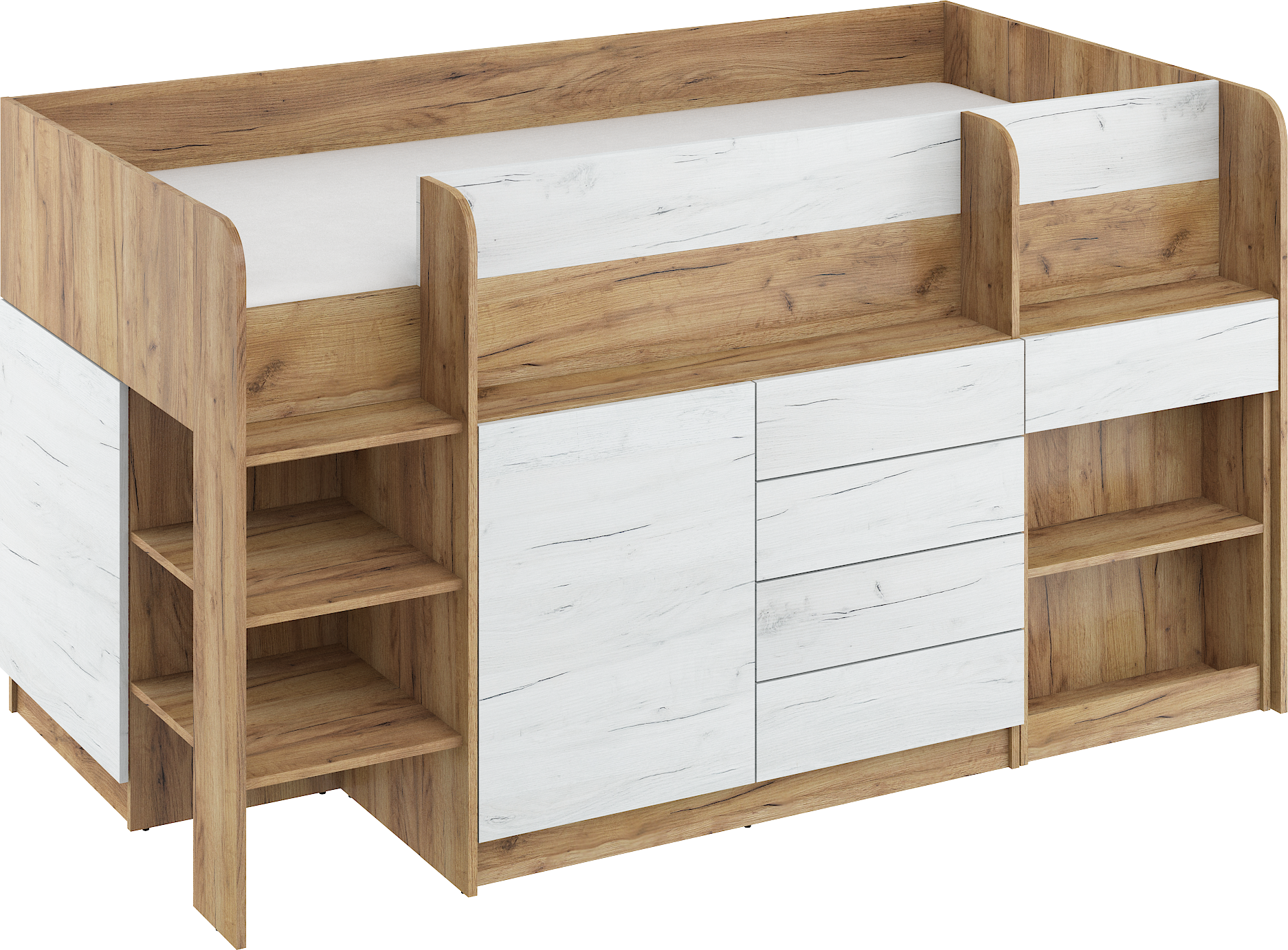 Etagenbett SMI-L mit Treppe links, Ausziehbarer Schreibtisch und kleiner Schrank