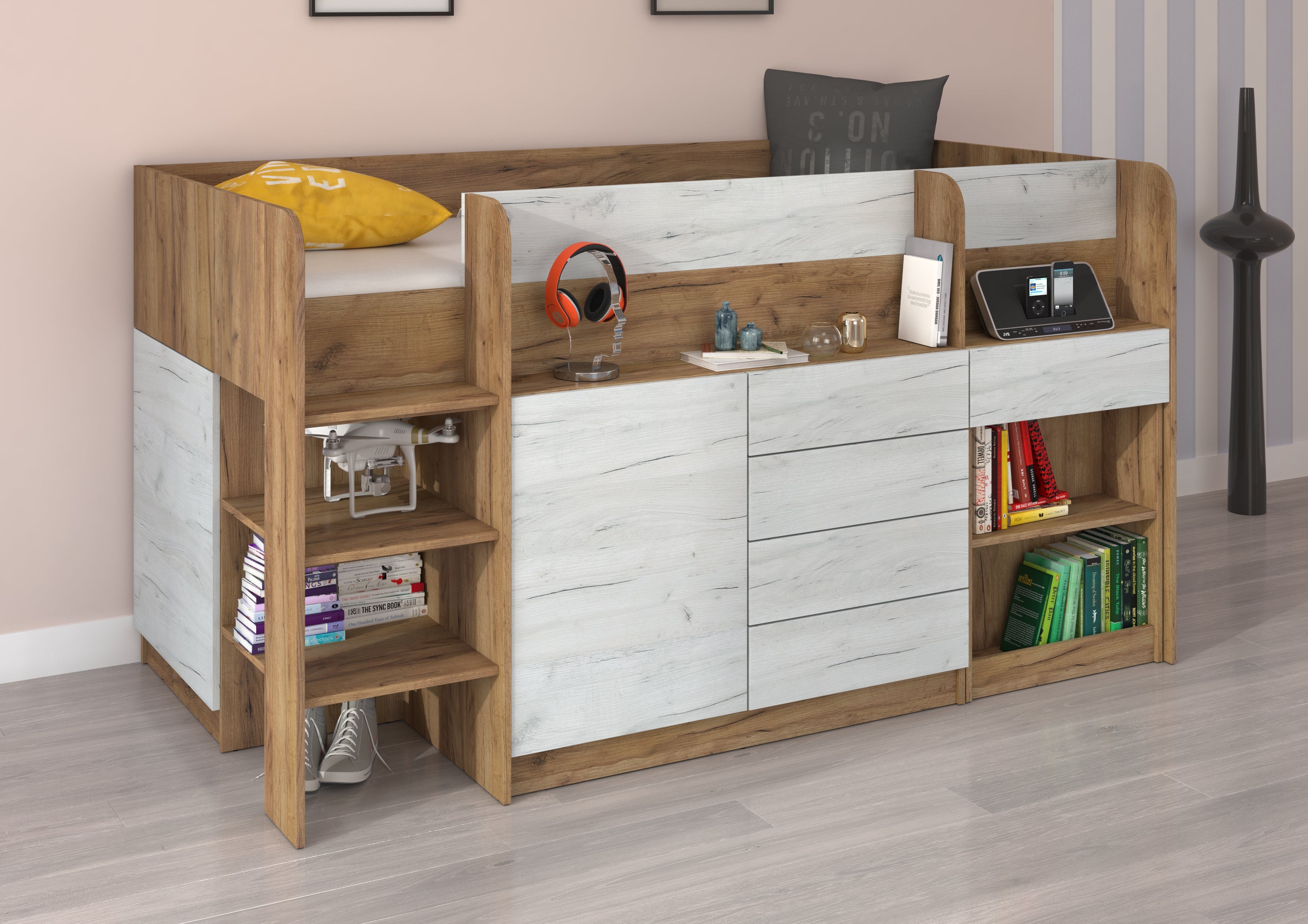 Etagenbett SMI-L mit Treppe links, Ausziehbarer Schreibtisch und kleiner Schrank