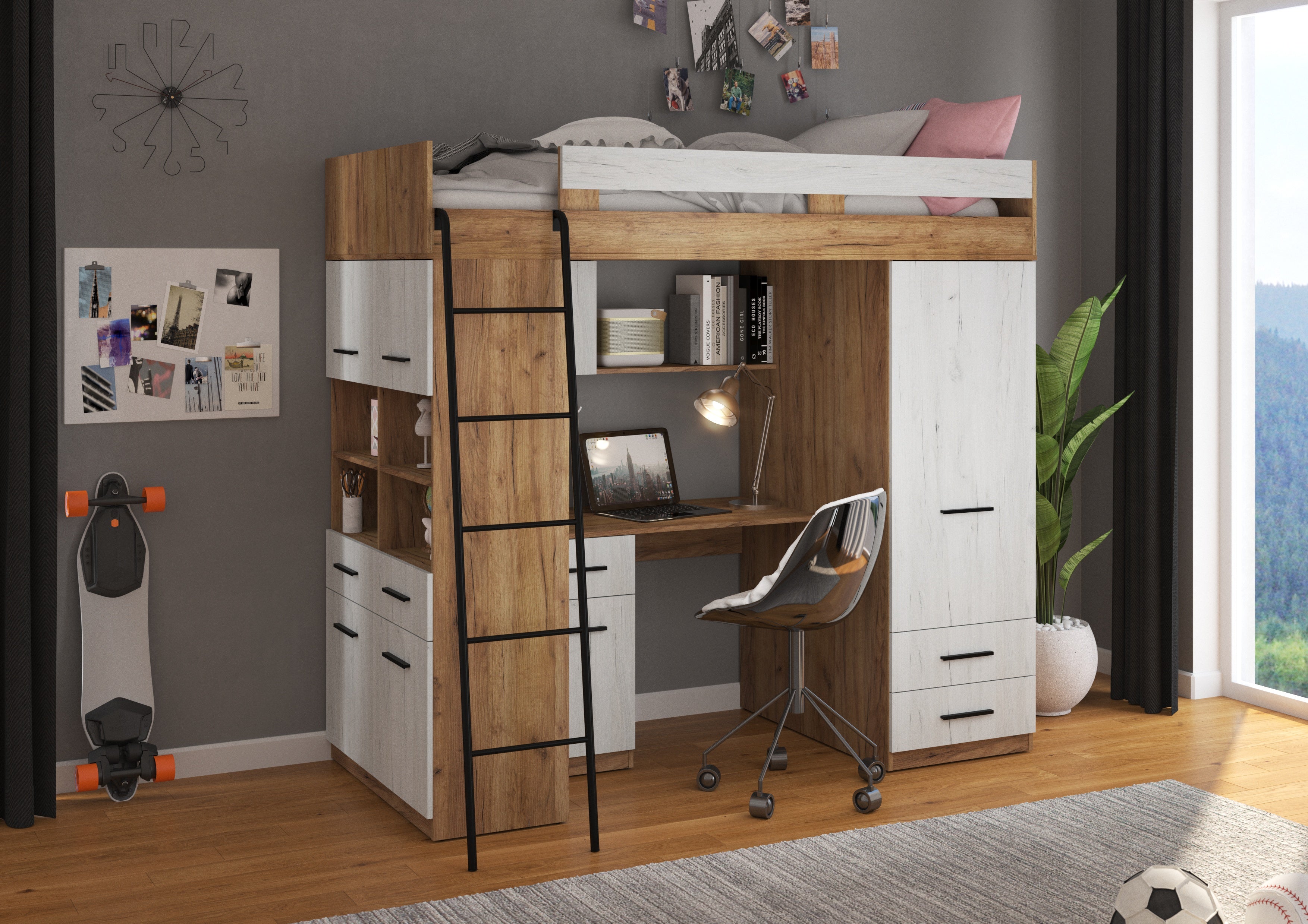 Etagenbett LEV-L mit Leiter links, Kleiderschrank, Schreibtisch und viele Regale