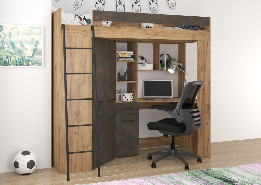Etagenbett FLO-L mit Leiter  links, Eckkleiderschrank und Schreibtisch