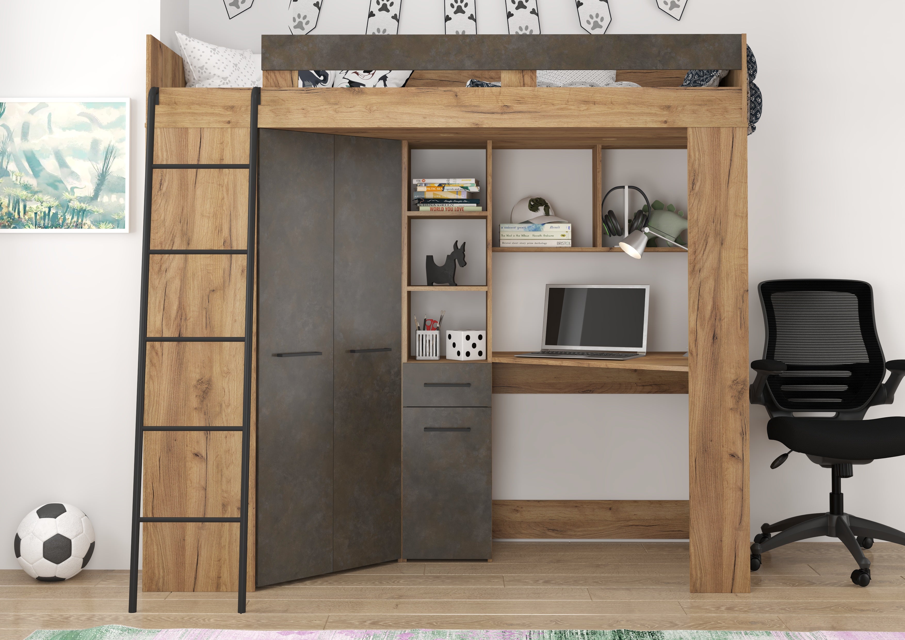 Etagenbett FLO-L mit Leiter  links, Eckkleiderschrank und Schreibtisch