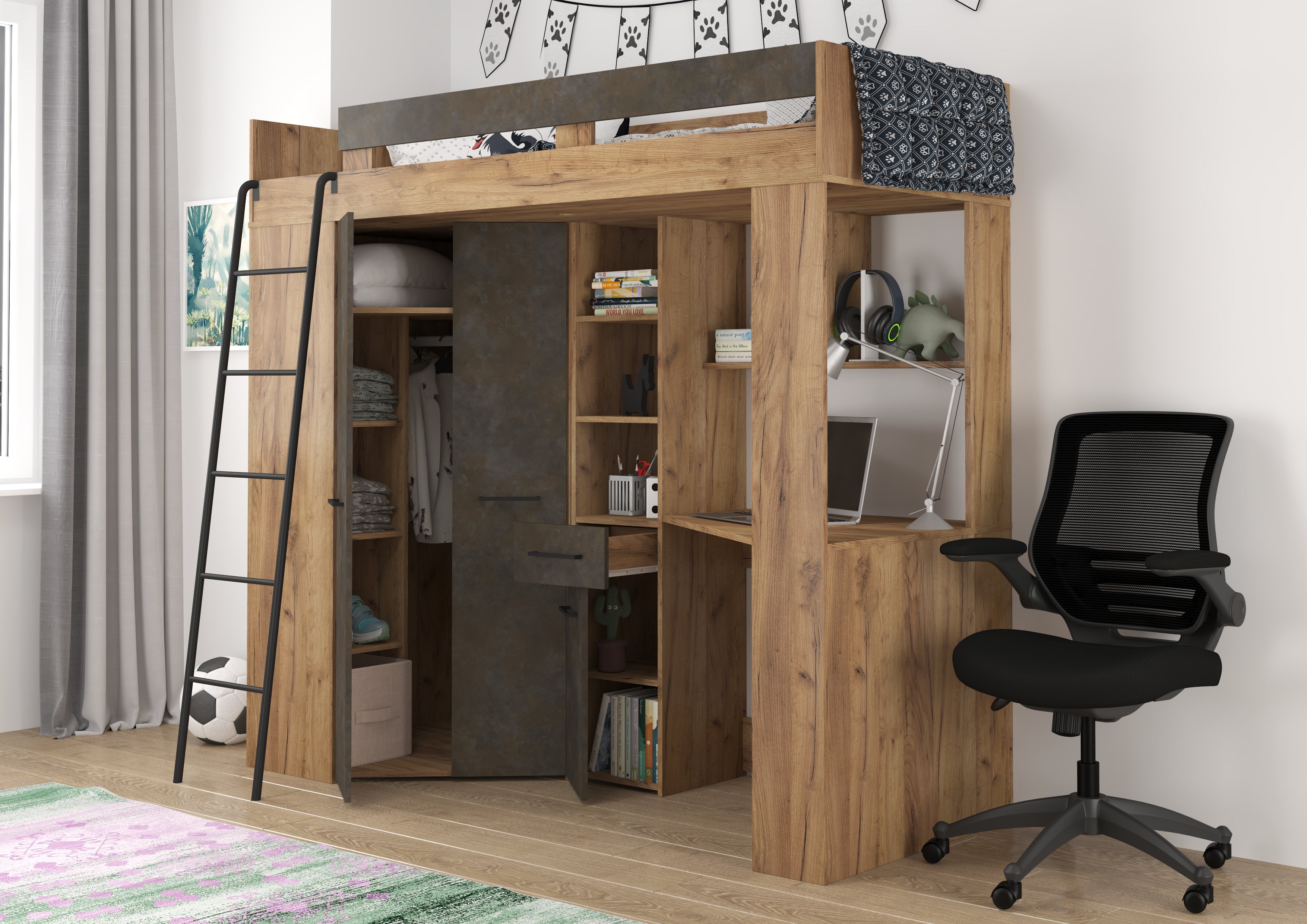 Etagenbett FLO-L mit Leiter  links, Eckkleiderschrank und Schreibtisch