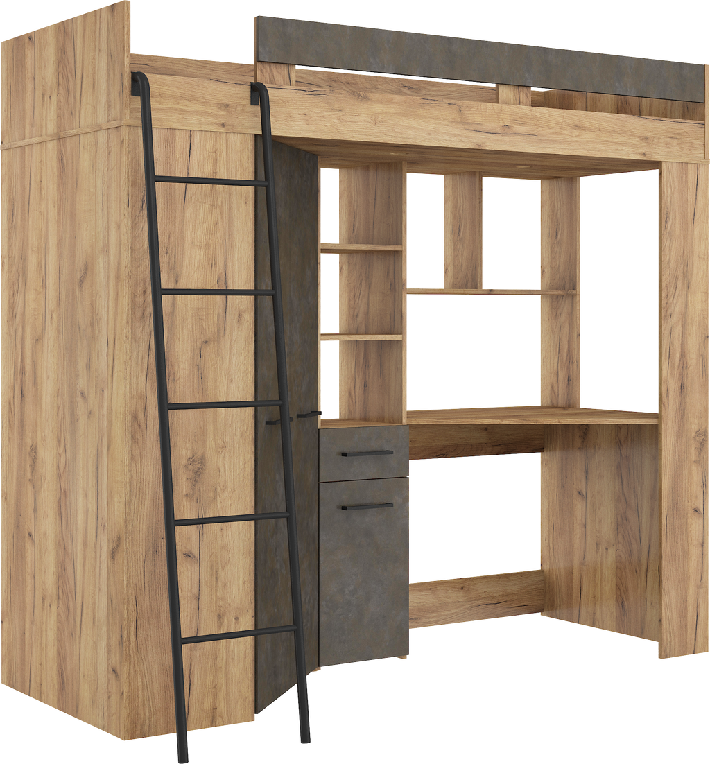 Etagenbett FLO-L mit Leiter  links, Eckkleiderschrank und Schreibtisch