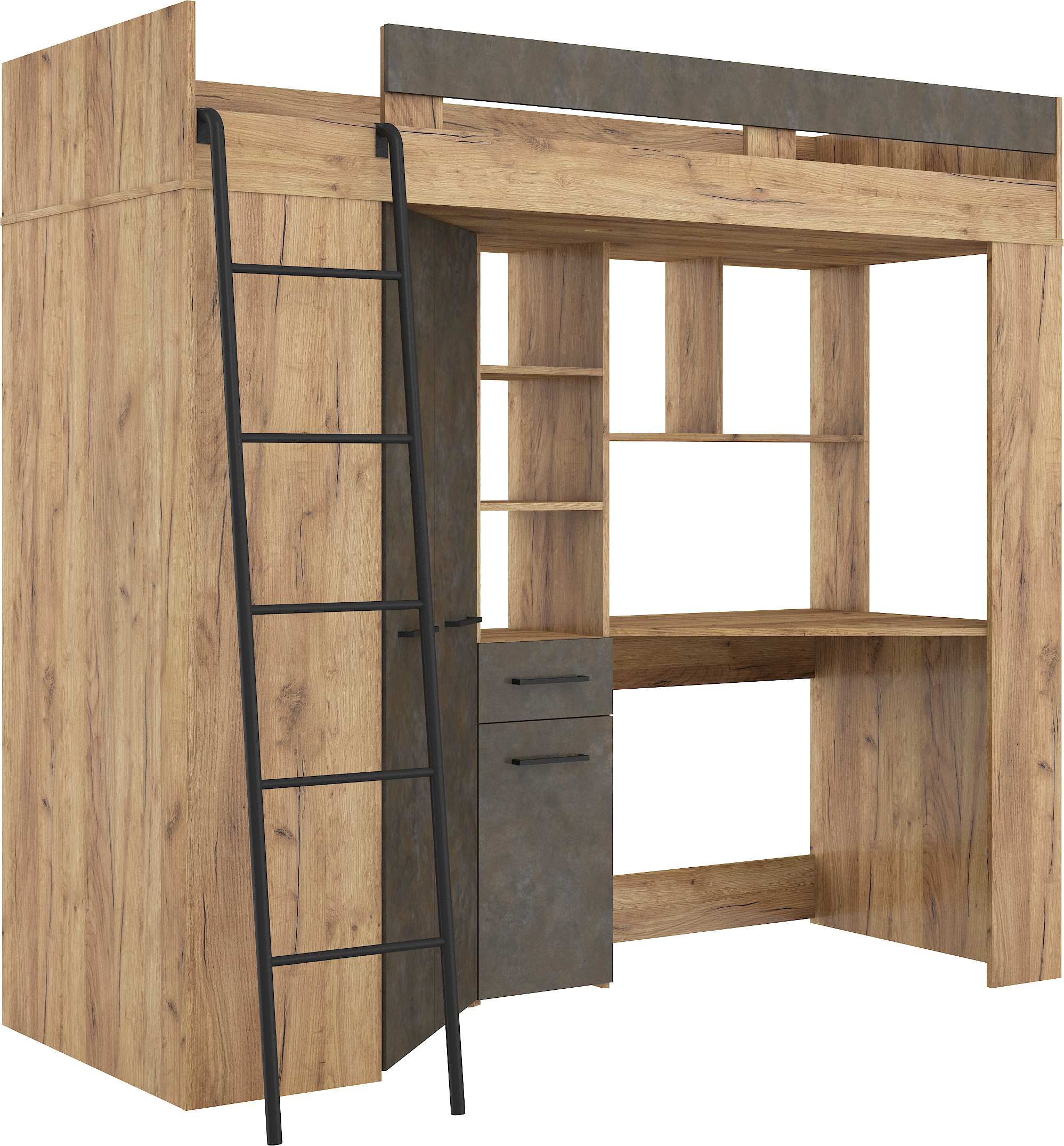 Etagenbett FLO-L mit Leiter  links, Eckkleiderschrank und Schreibtisch
