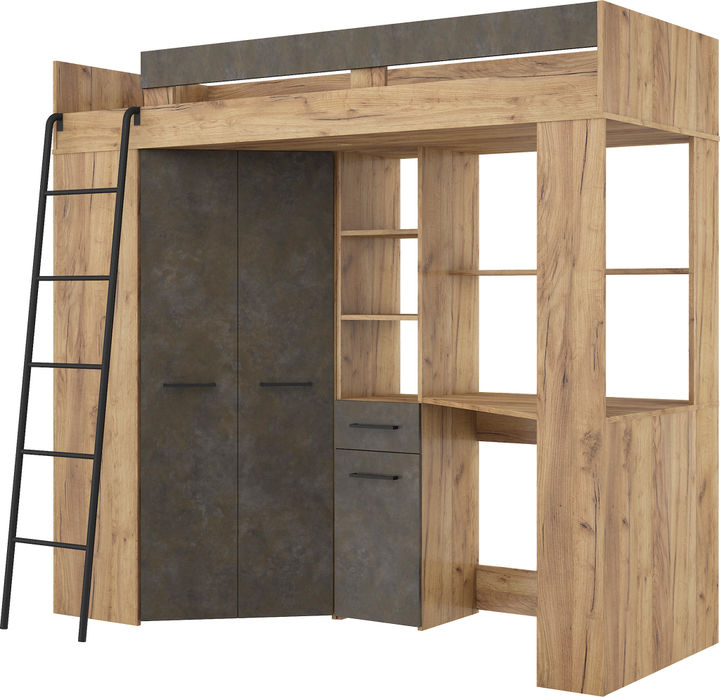 Etagenbett FLO-L mit Leiter  links, Eckkleiderschrank und Schreibtisch