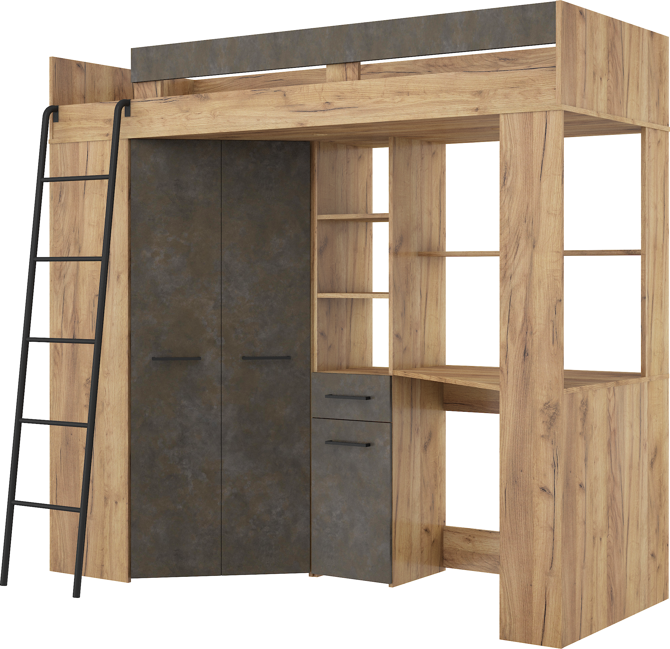 Etagenbett FLO-L mit Leiter  links, Eckkleiderschrank und Schreibtisch