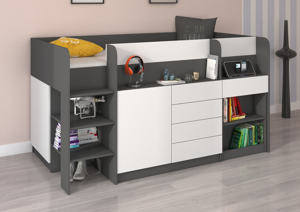 Etagenbett SMI-L mit Treppe links, Ausziehbarer Schreibtisch und kleiner Schrank