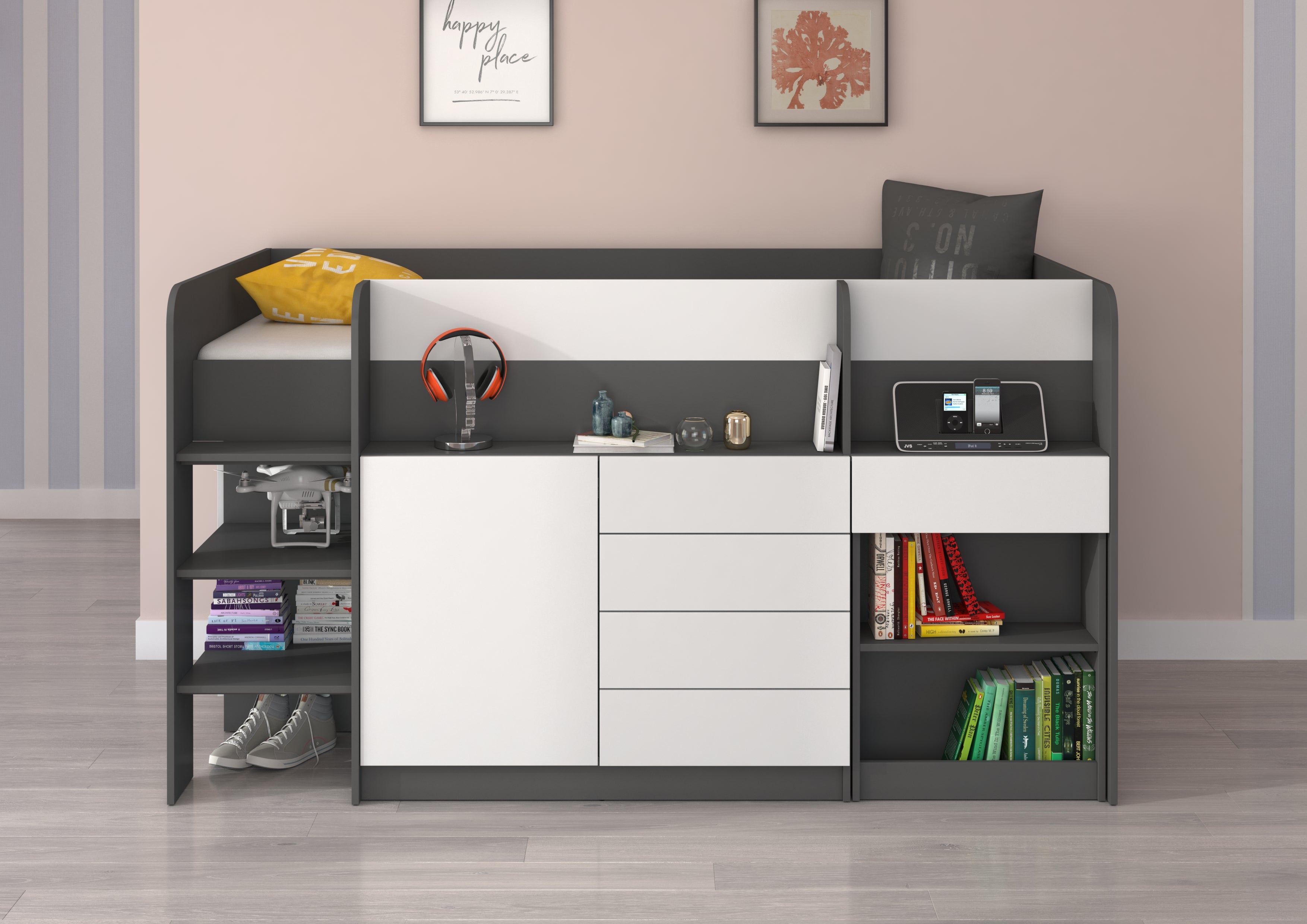 Etagenbett SMI-L mit Treppe links, Ausziehbarer Schreibtisch und kleiner Schrank