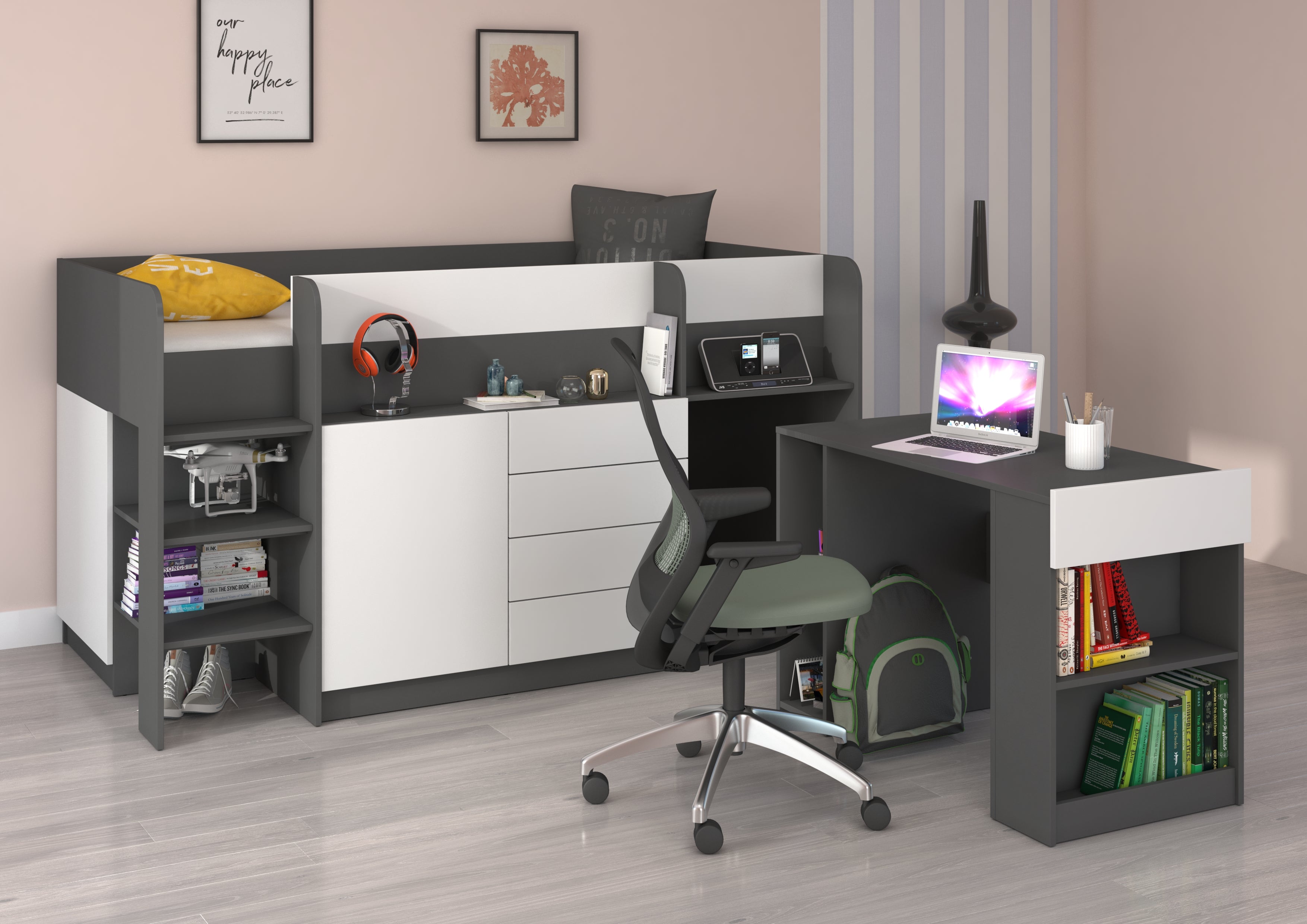 Etagenbett SMI-L mit Treppe links, Ausziehbarer Schreibtisch und kleiner Schrank