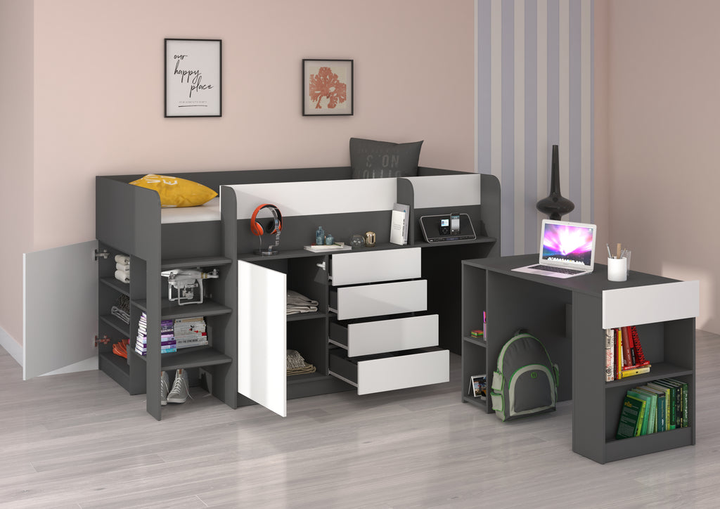 Etagenbett SMI-L mit Treppe links, Ausziehbarer Schreibtisch und kleiner Schrank