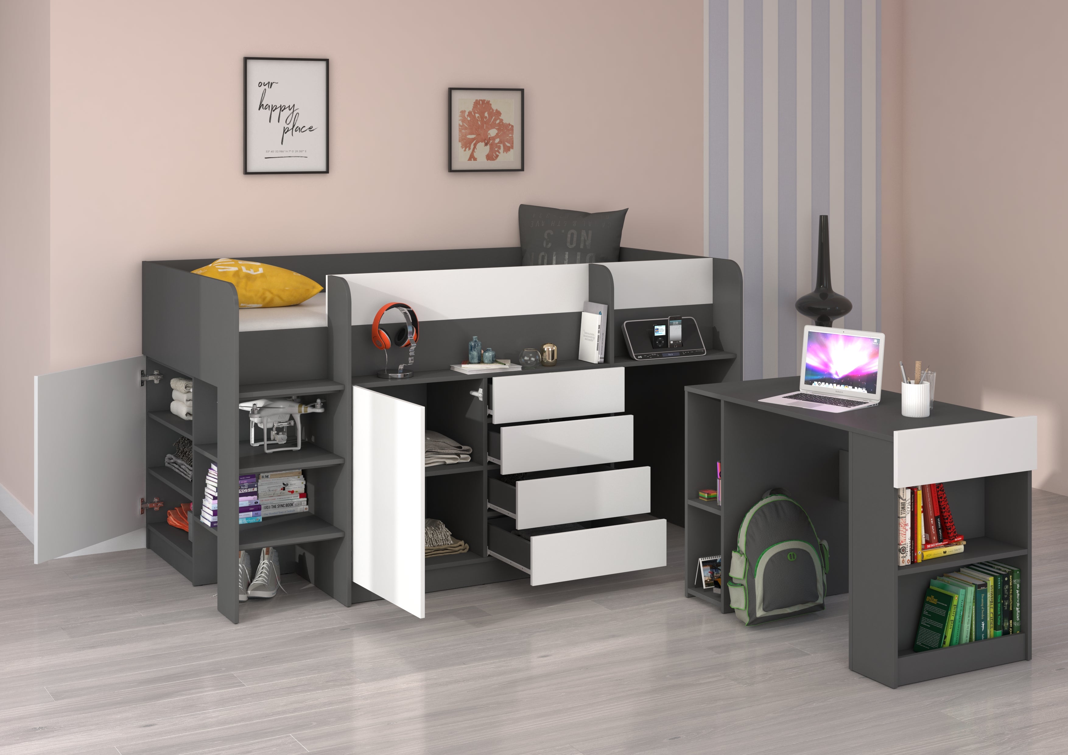 Etagenbett SMI-L mit Treppe links, Ausziehbarer Schreibtisch und kleiner Schrank