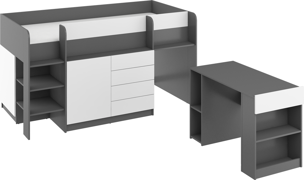 Etagenbett SMI-L mit Treppe links, Ausziehbarer Schreibtisch und kleiner Schrank