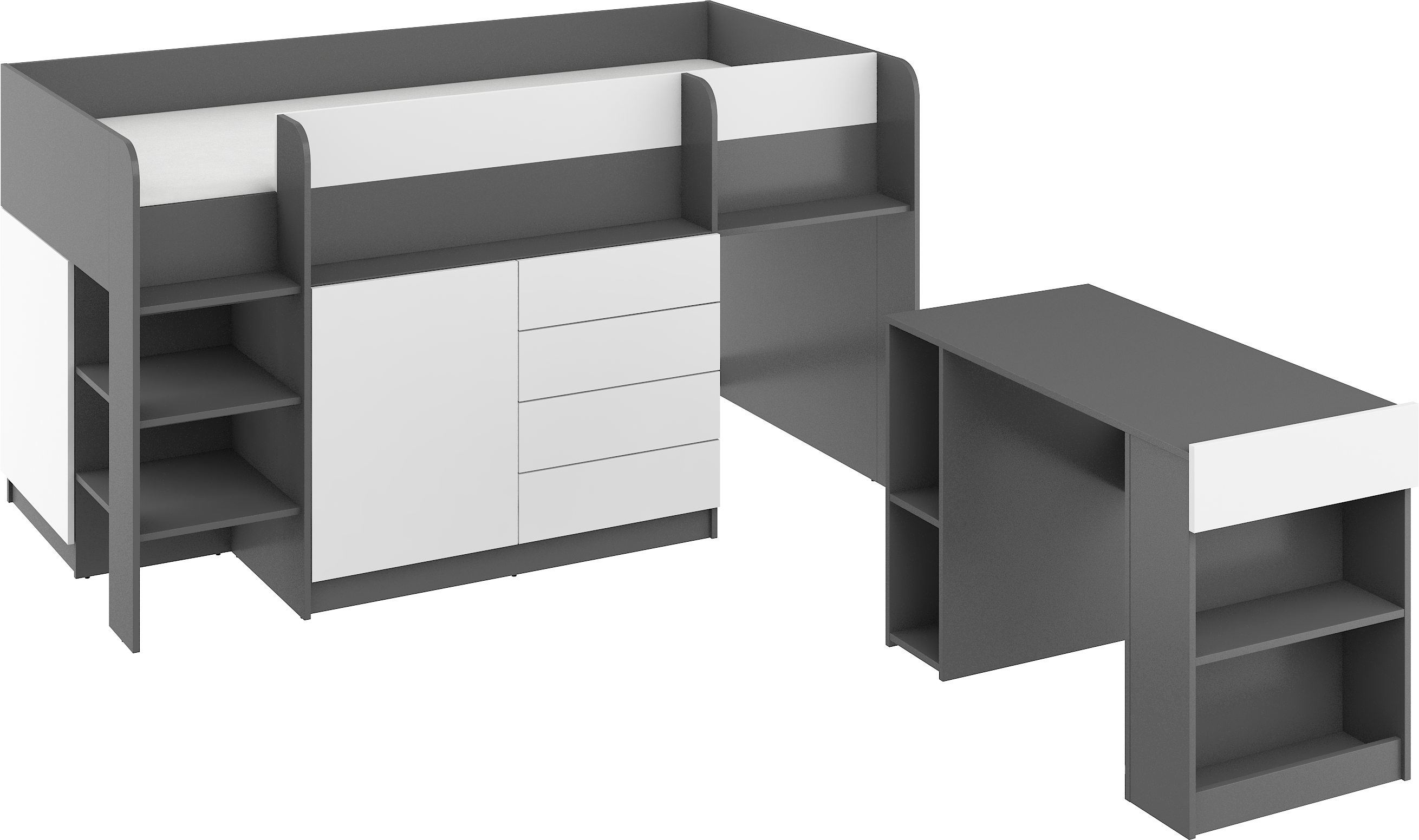 Etagenbett SMI-L mit Treppe links, Ausziehbarer Schreibtisch und kleiner Schrank