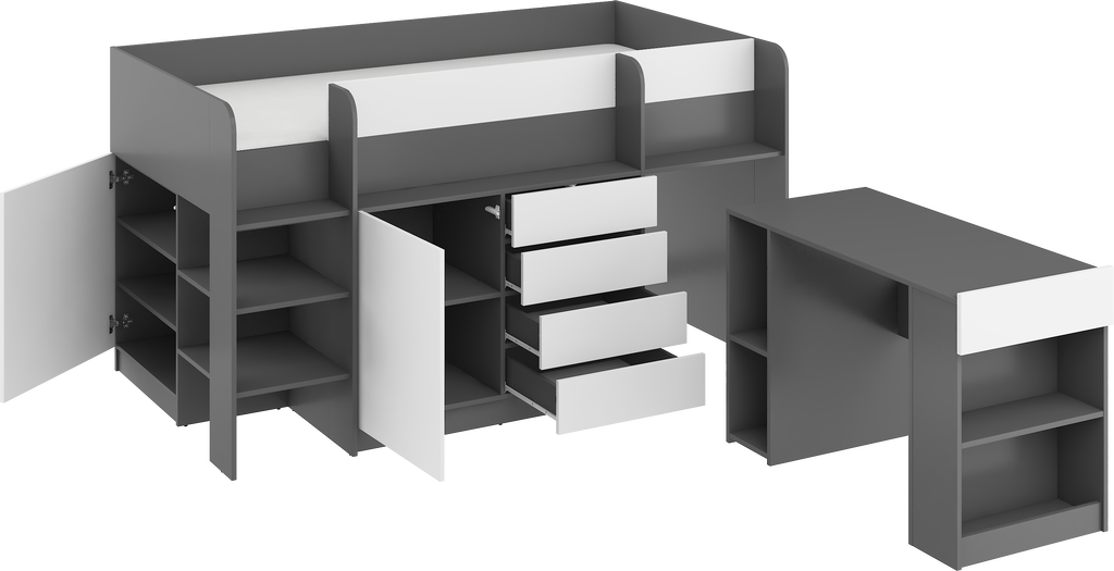 Etagenbett SMI-L mit Treppe links, Ausziehbarer Schreibtisch und kleiner Schrank