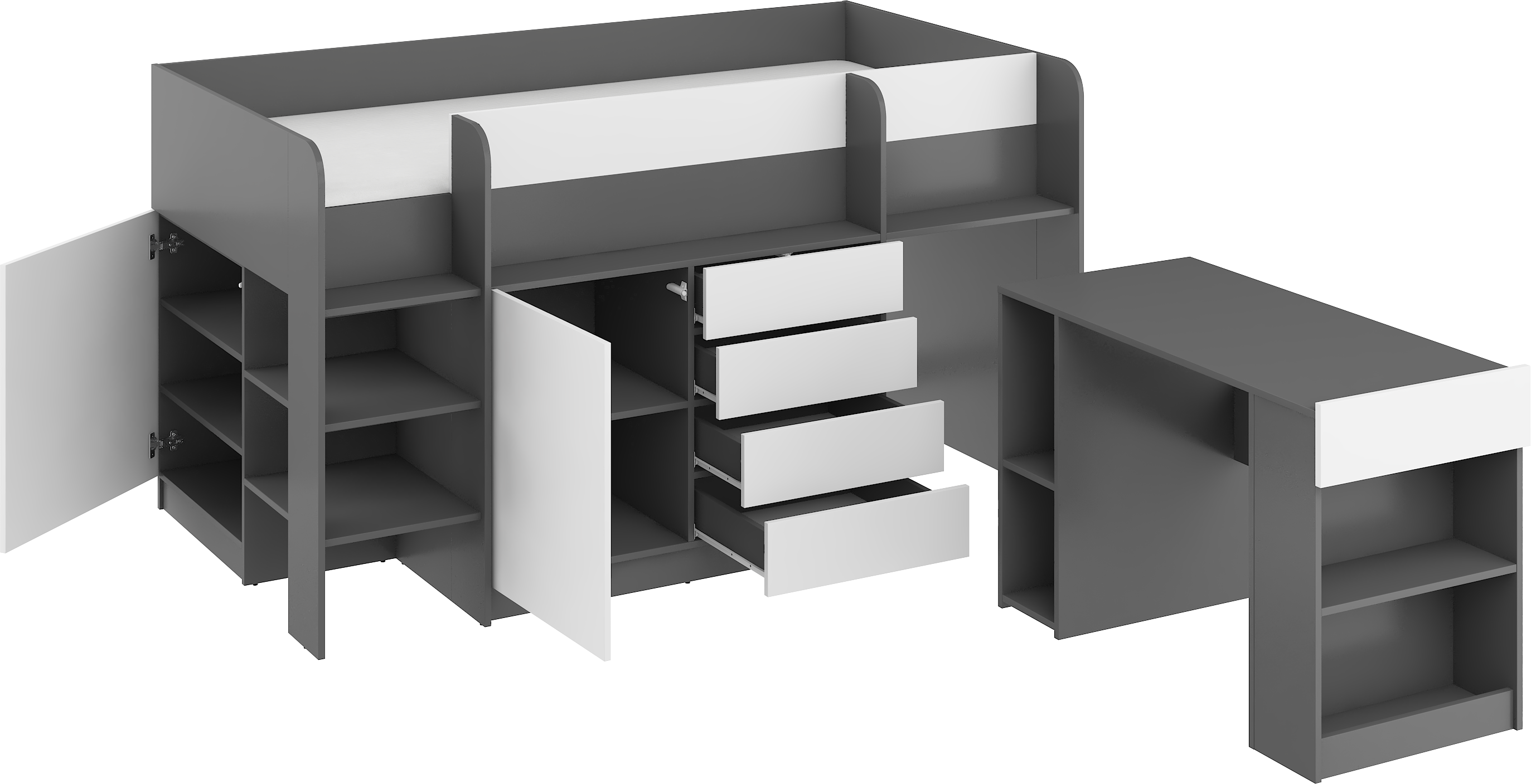 Etagenbett SMI-L mit Treppe links, Ausziehbarer Schreibtisch und kleiner Schrank