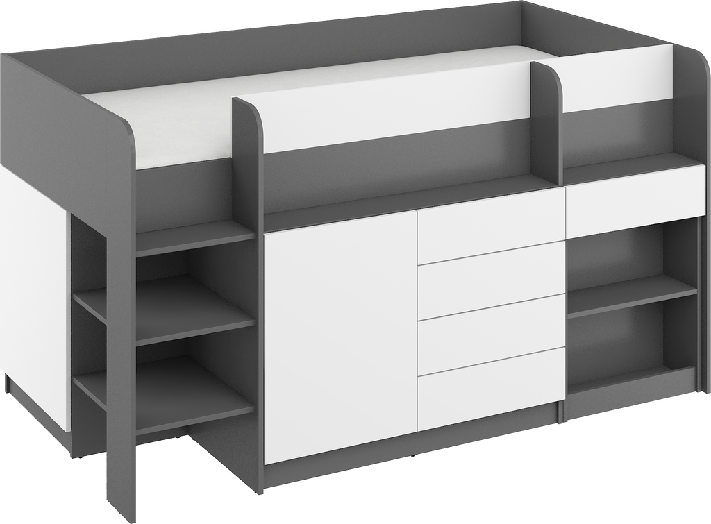 Etagenbett SMI-L mit Treppe links, Ausziehbarer Schreibtisch und kleiner Schrank