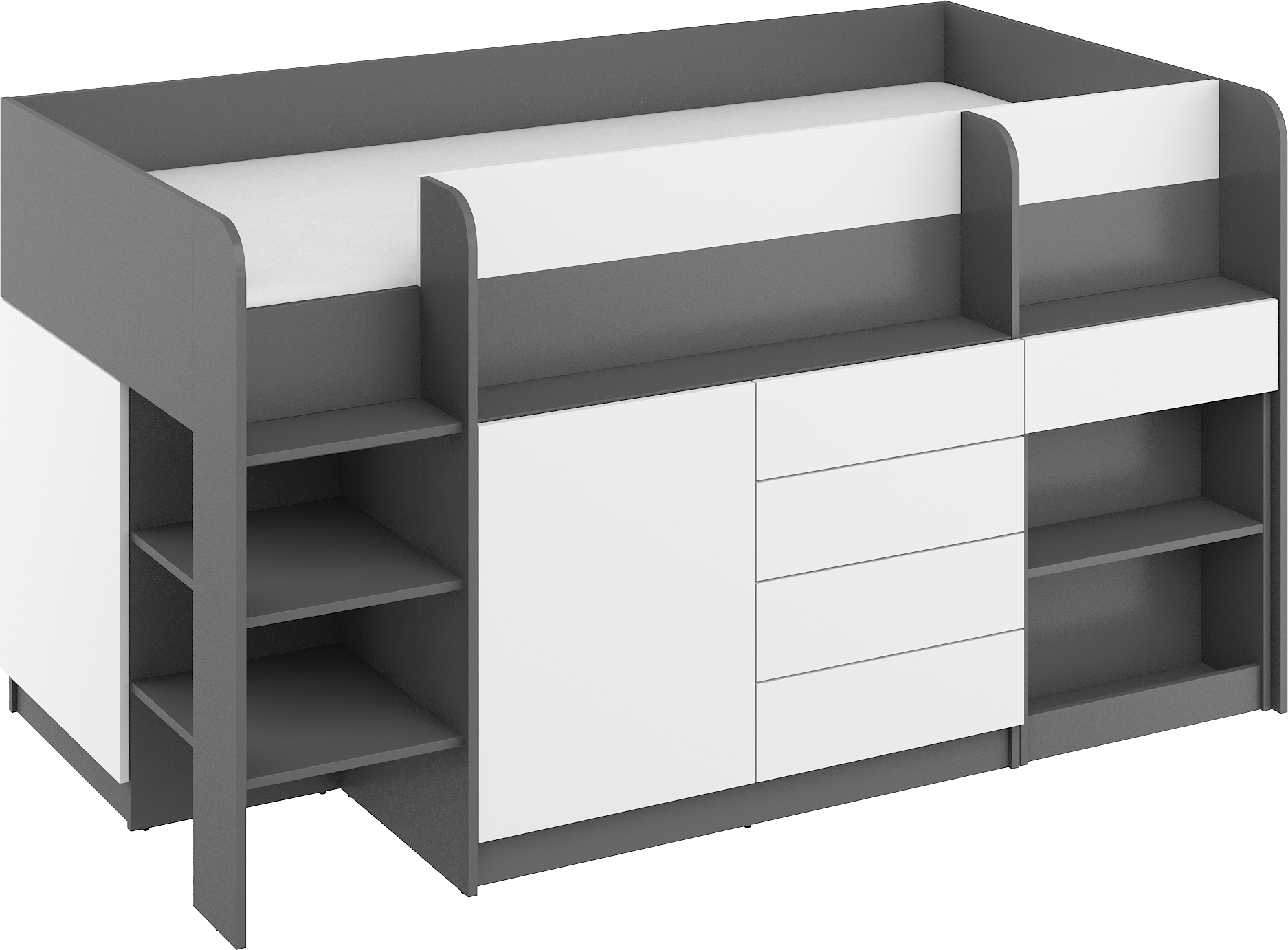 Etagenbett SMI-L mit Treppe links, Ausziehbarer Schreibtisch und kleiner Schrank