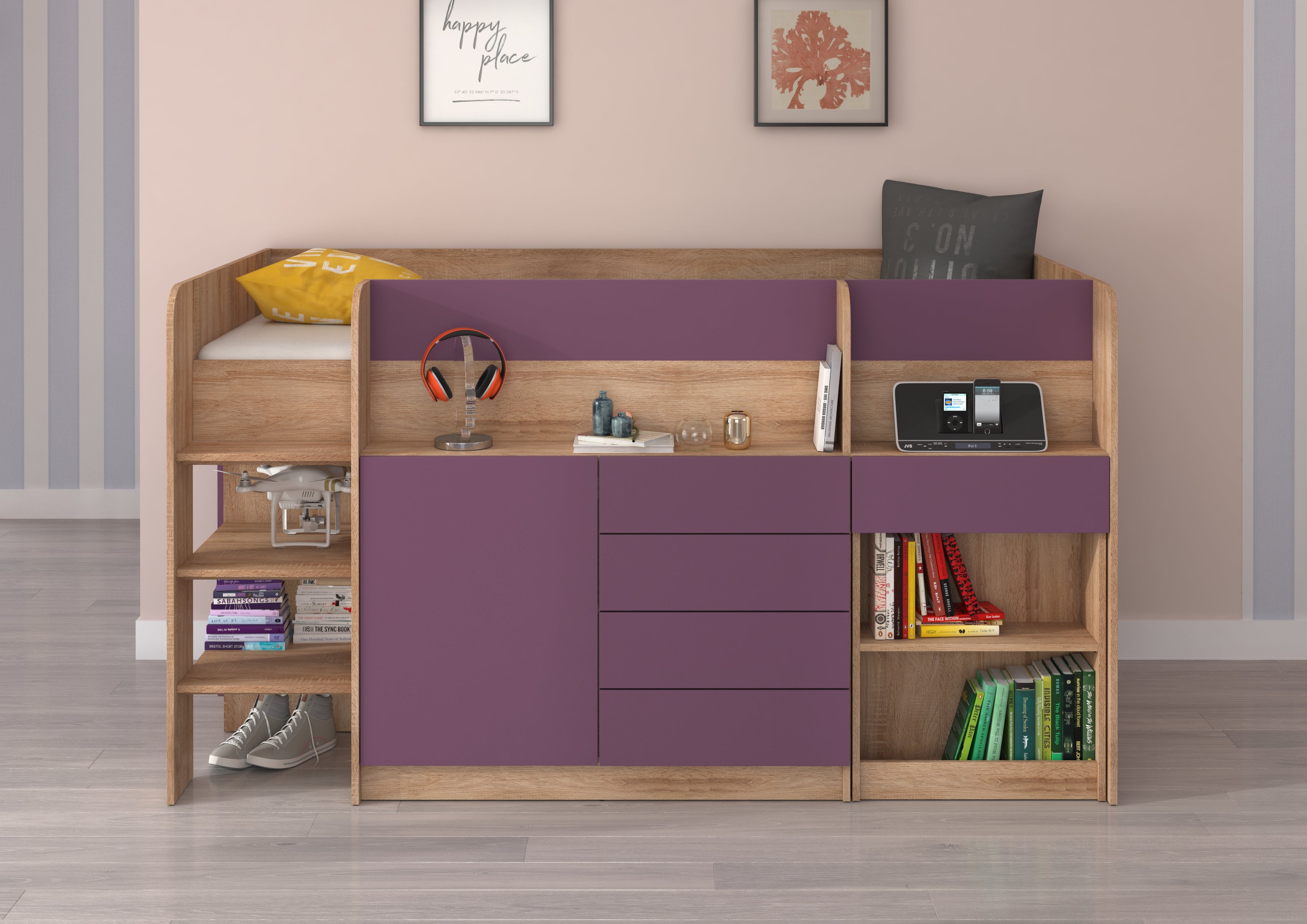 Etagenbett SMI-L mit Treppe links, Ausziehbarer Schreibtisch und kleiner Schrank