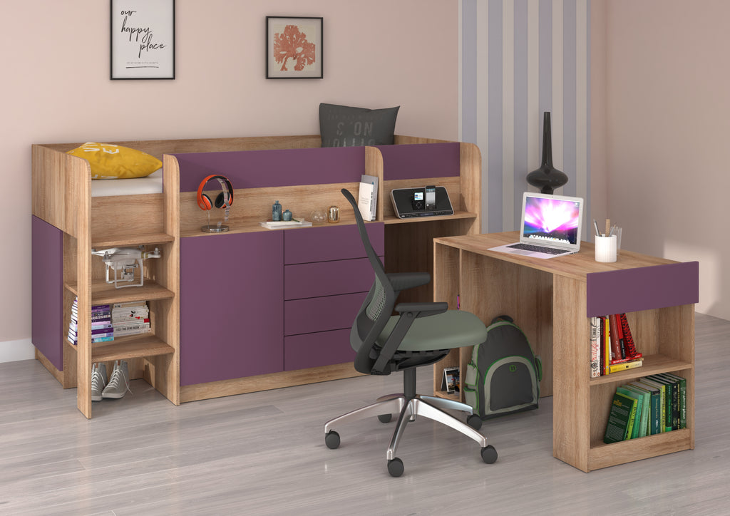 Etagenbett SMI-L mit Treppe links, Ausziehbarer Schreibtisch und kleiner Schrank