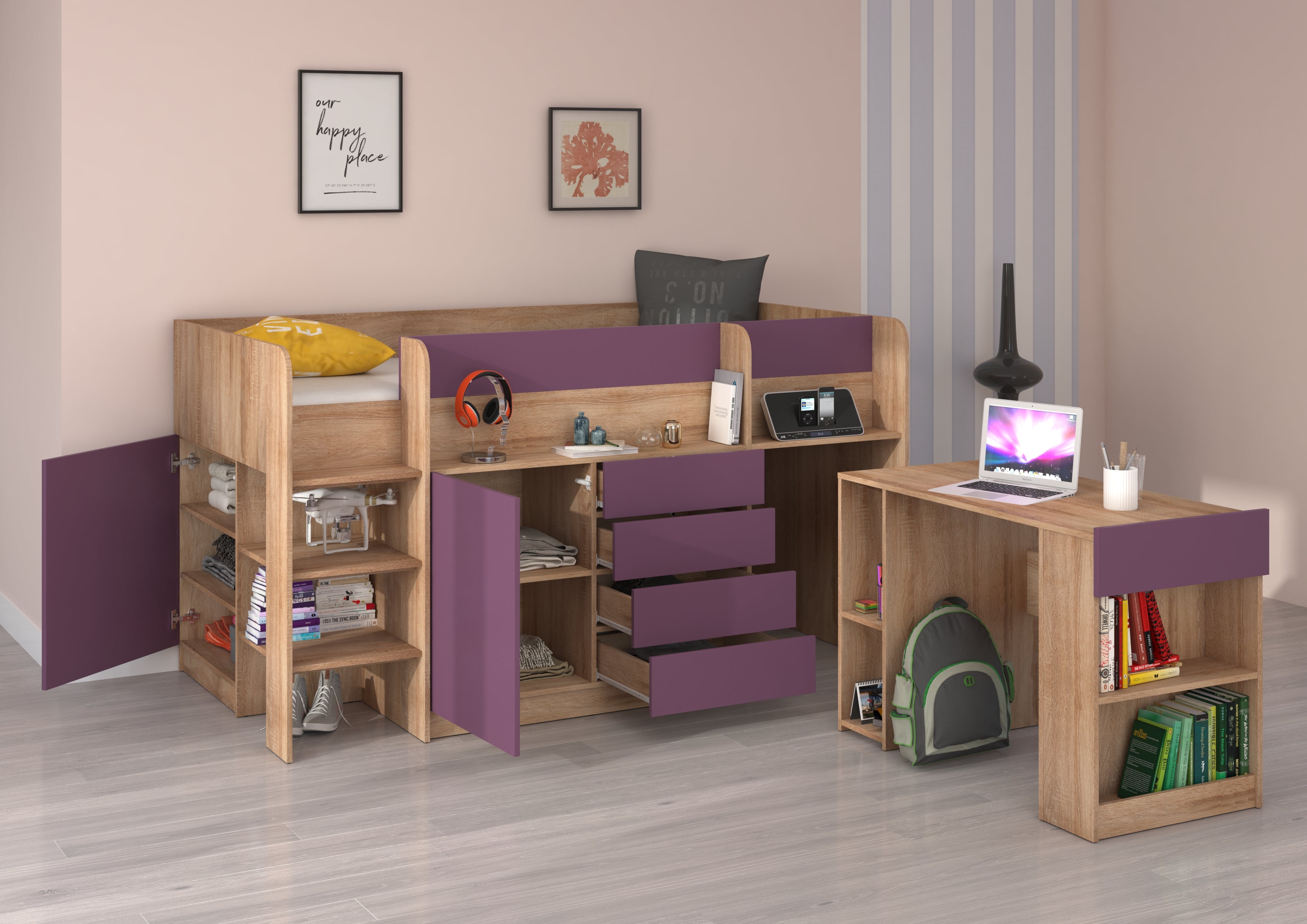 Etagenbett SMI-L mit Treppe links, Ausziehbarer Schreibtisch und kleiner Schrank