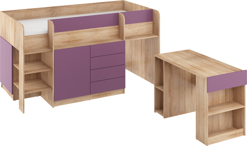 Etagenbett SMI-L mit Treppe links, Ausziehbarer Schreibtisch und kleiner Schrank