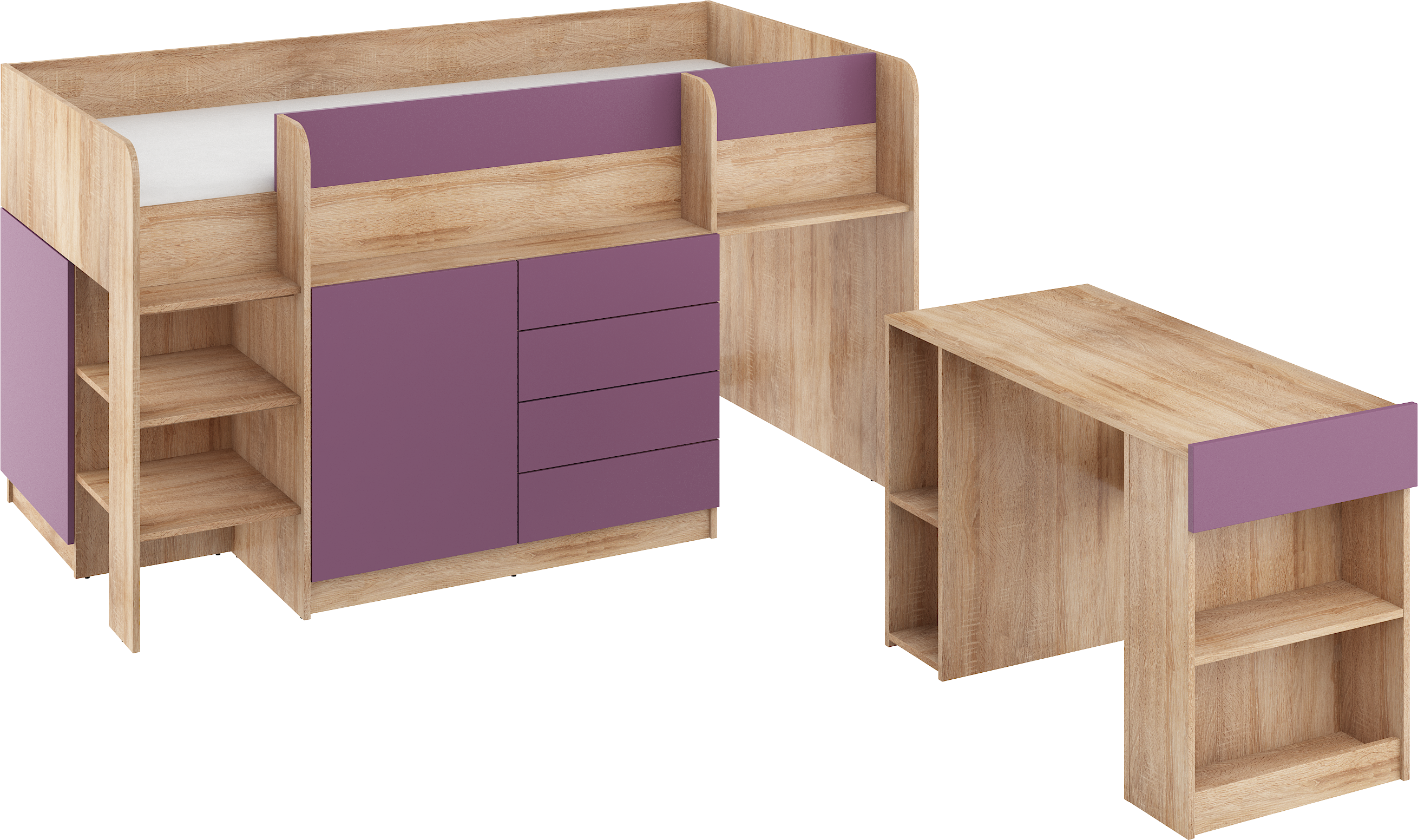 Etagenbett SMI-L mit Treppe links, Ausziehbarer Schreibtisch und kleiner Schrank