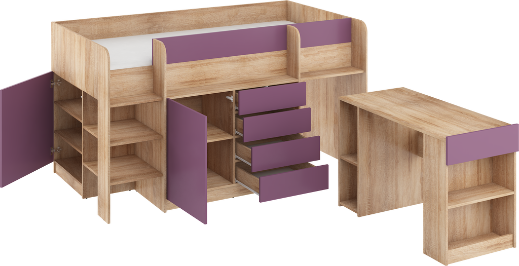 Etagenbett SMI-L mit Treppe links, Ausziehbarer Schreibtisch und kleiner Schrank