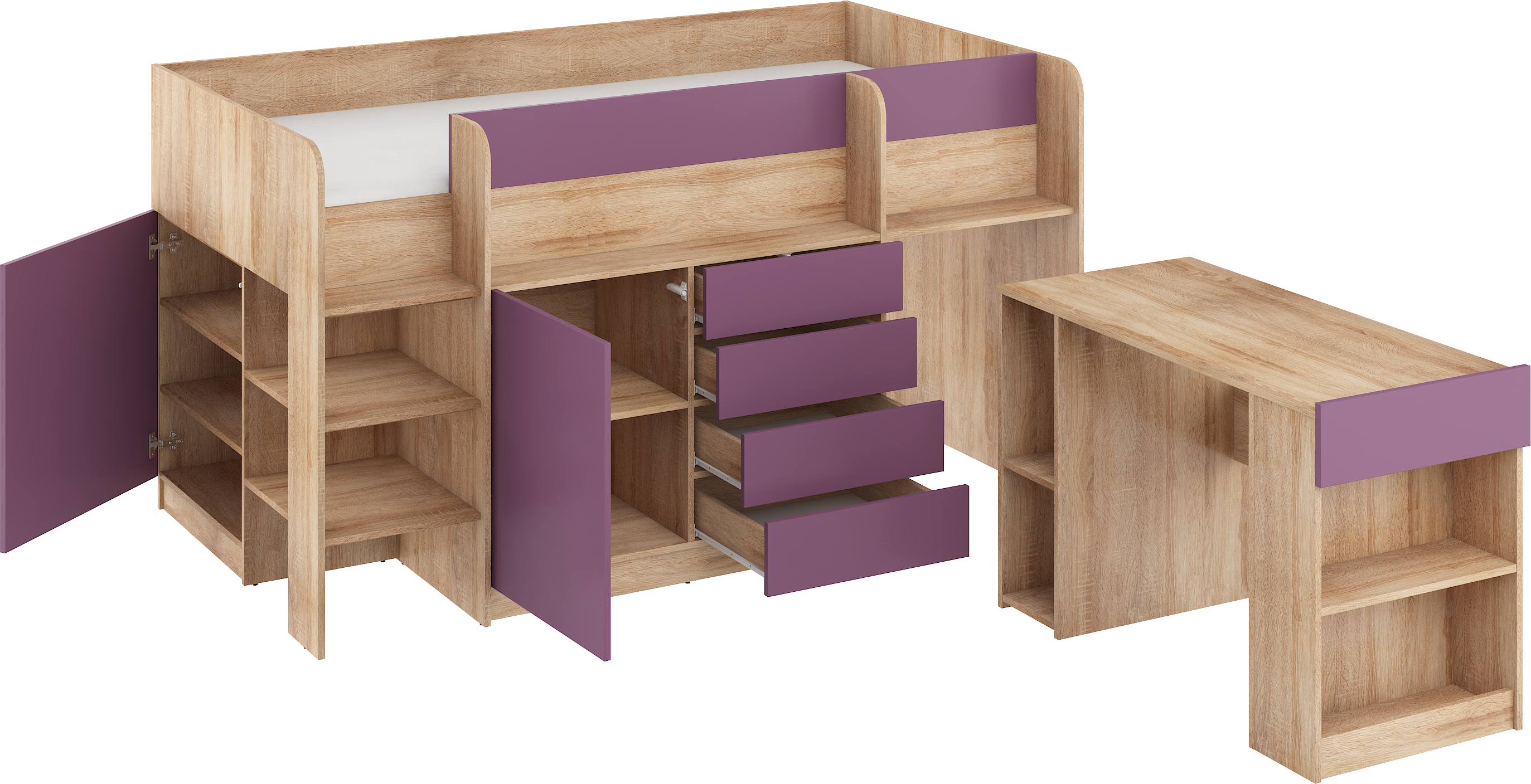 Etagenbett SMI-L mit Treppe links, Ausziehbarer Schreibtisch und kleiner Schrank