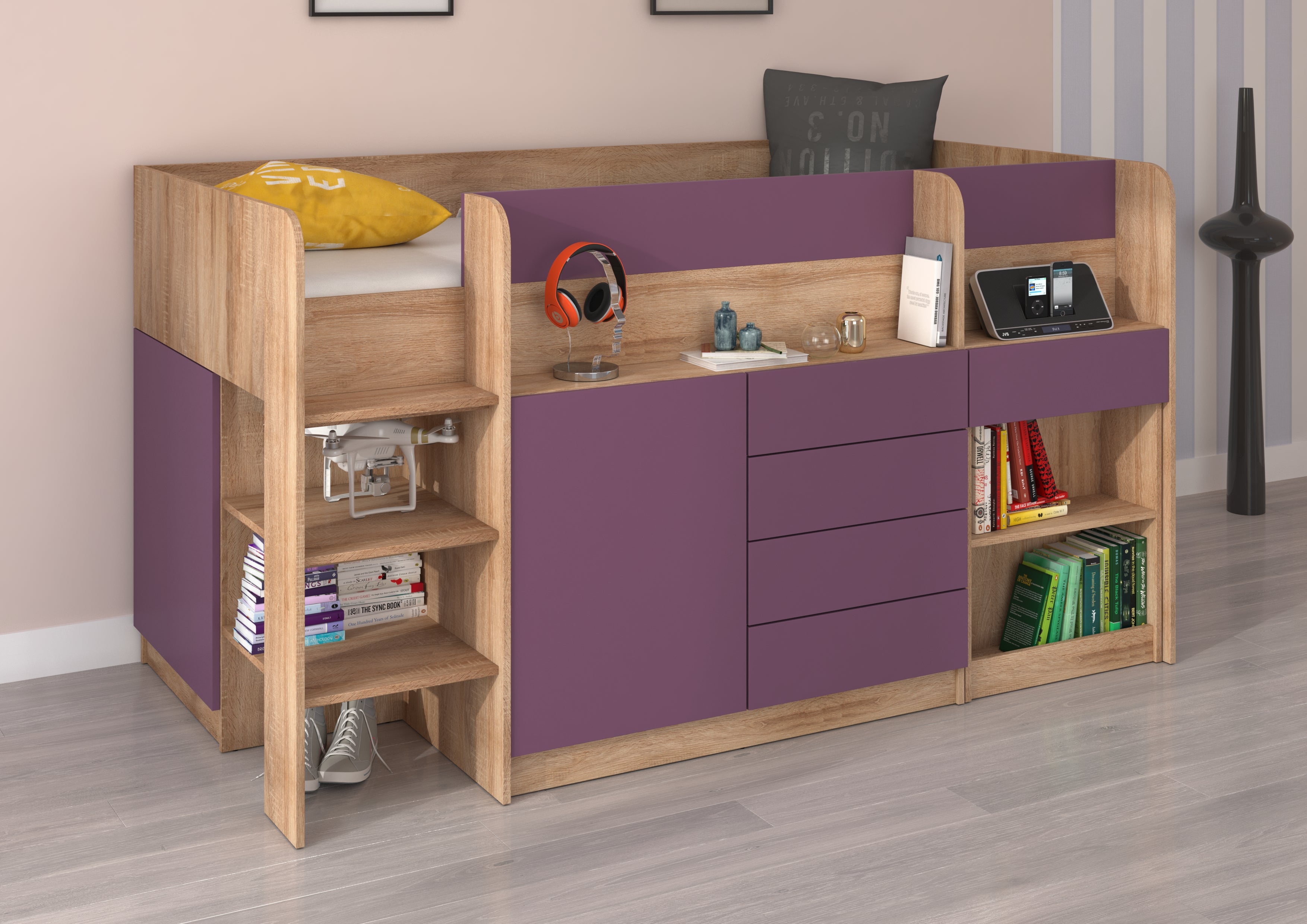 Etagenbett SMI-L mit Treppe links, Ausziehbarer Schreibtisch und kleiner Schrank