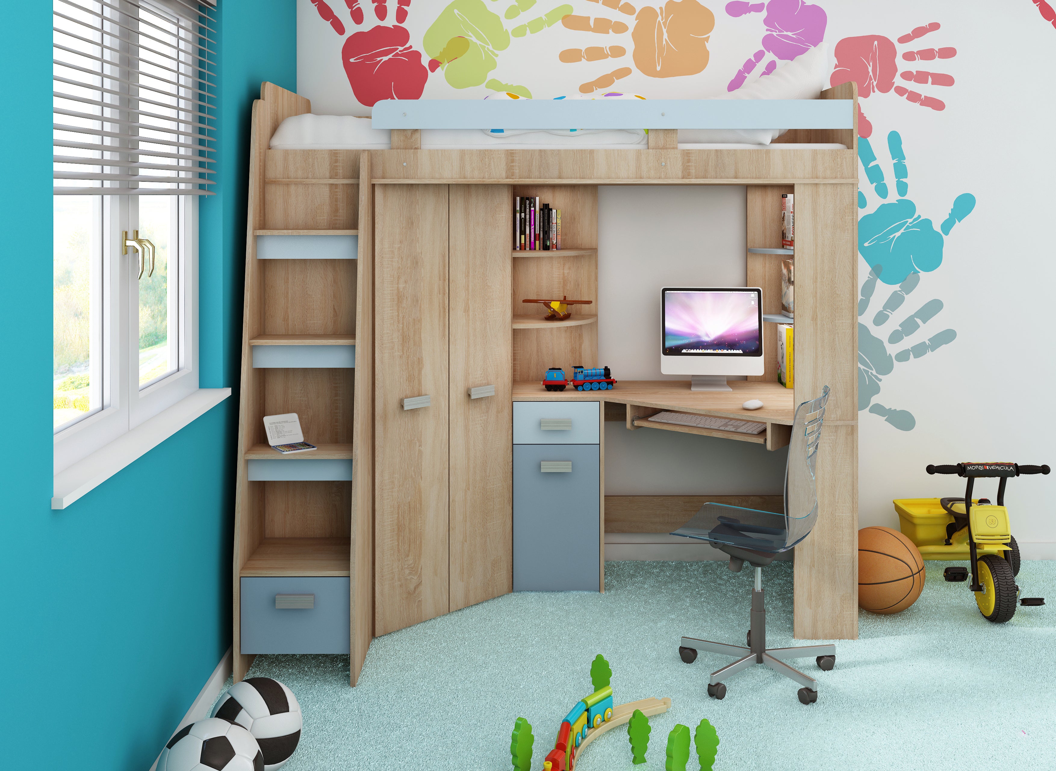 Etagenbett ANT-L mit funktionaler Treppe links, Eckkleiderschrank und Schreibtisch