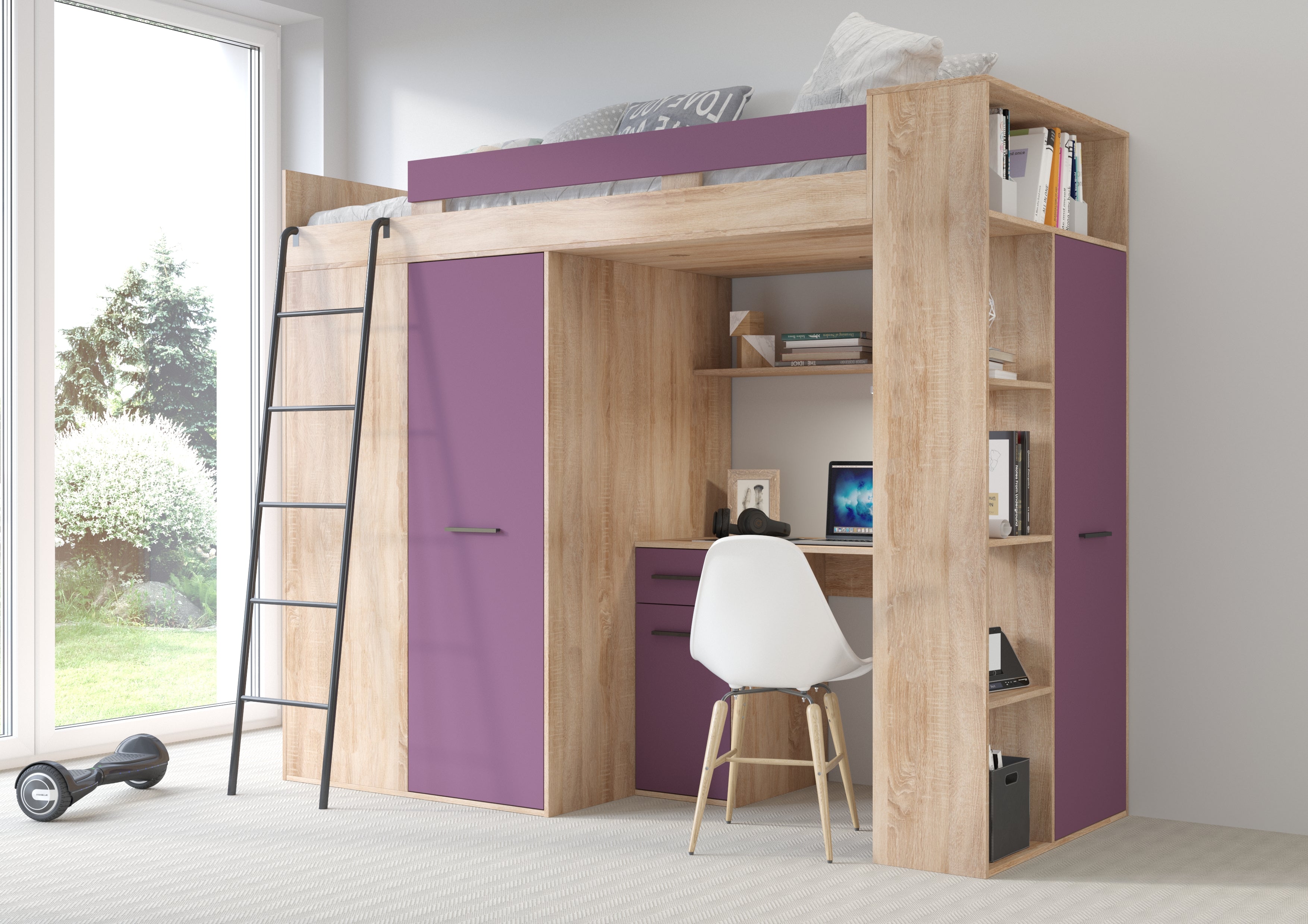 Etagenbett VER-L mit Leiter links, Kleiderschrank, Schreibtisch und viele Regale