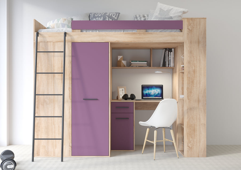 Etagenbett VER-L mit Leiter links, Kleiderschrank, Schreibtisch und viele Regale