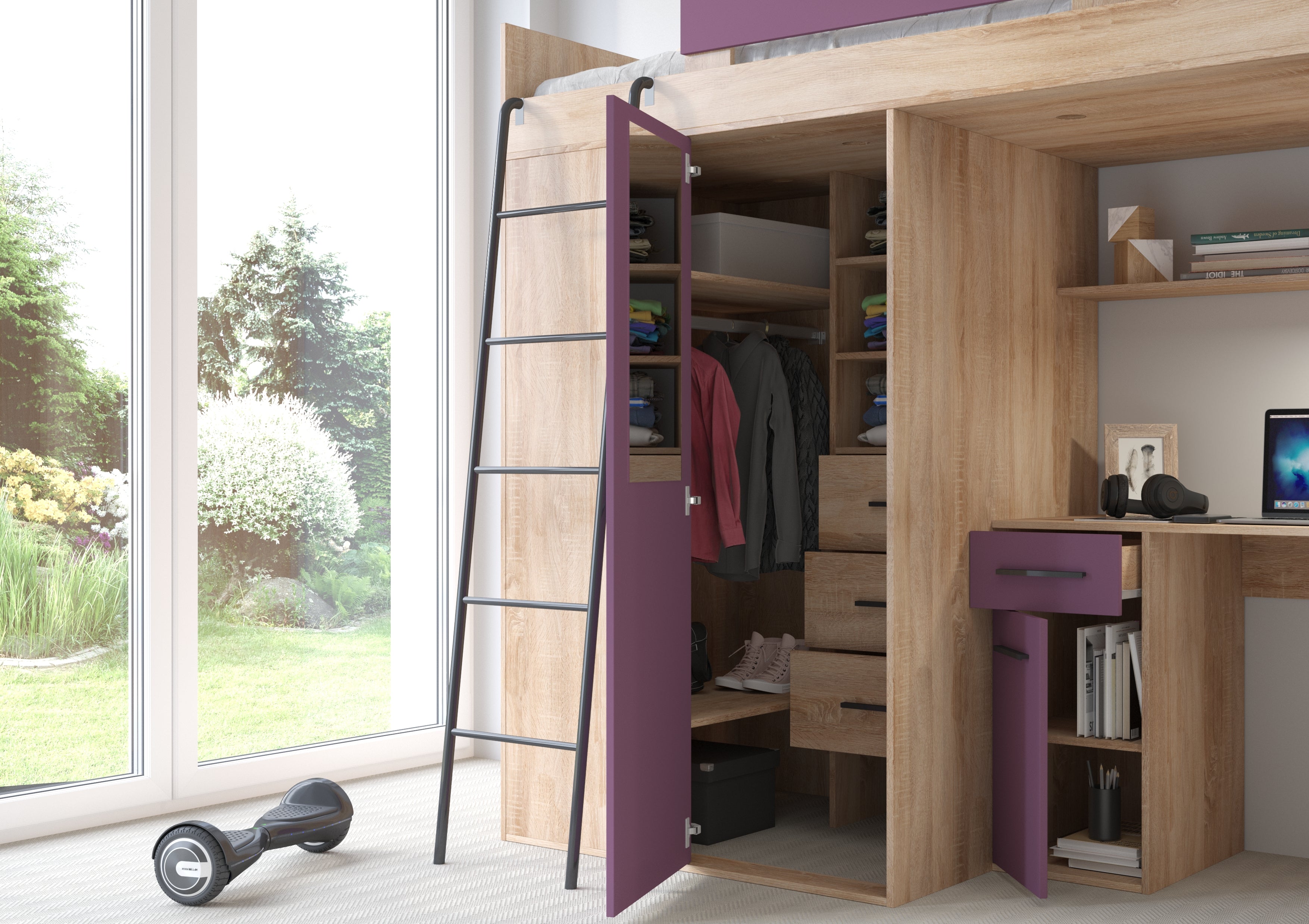 Etagenbett VER-L mit Leiter links, Kleiderschrank, Schreibtisch und viele Regale