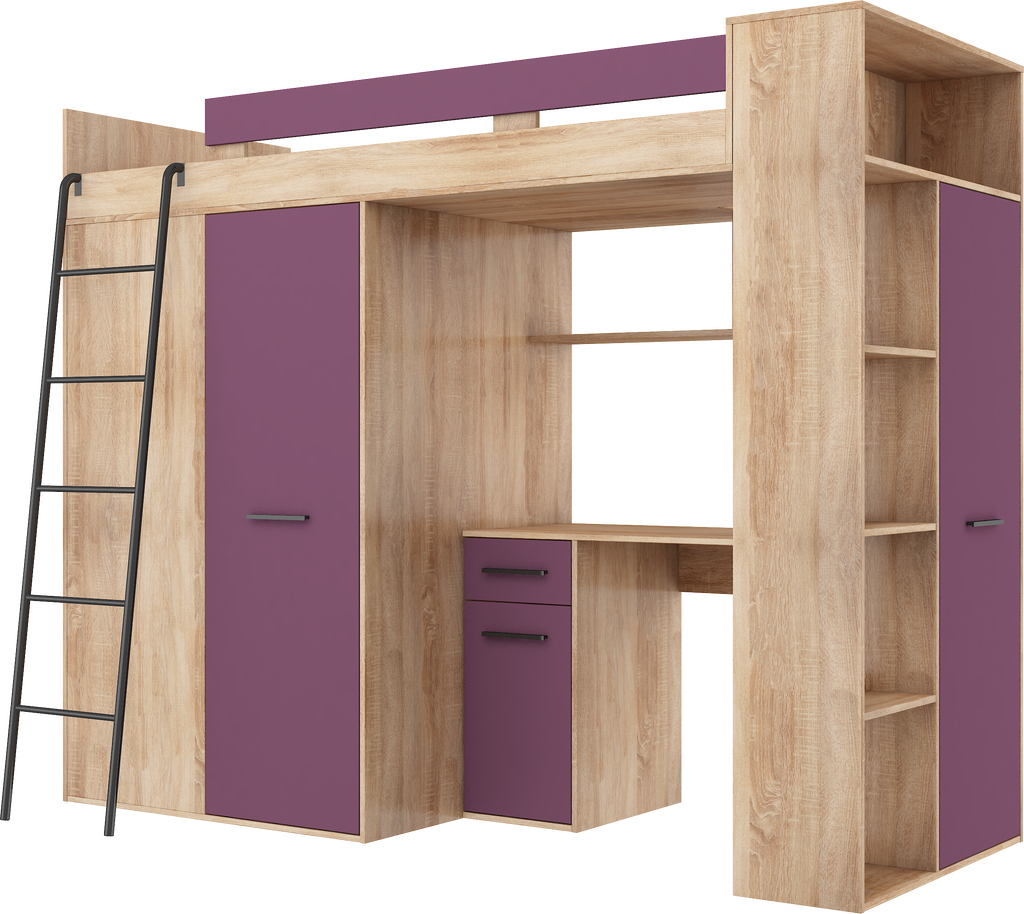 Etagenbett VER-L mit Leiter links, Kleiderschrank, Schreibtisch und viele Regale