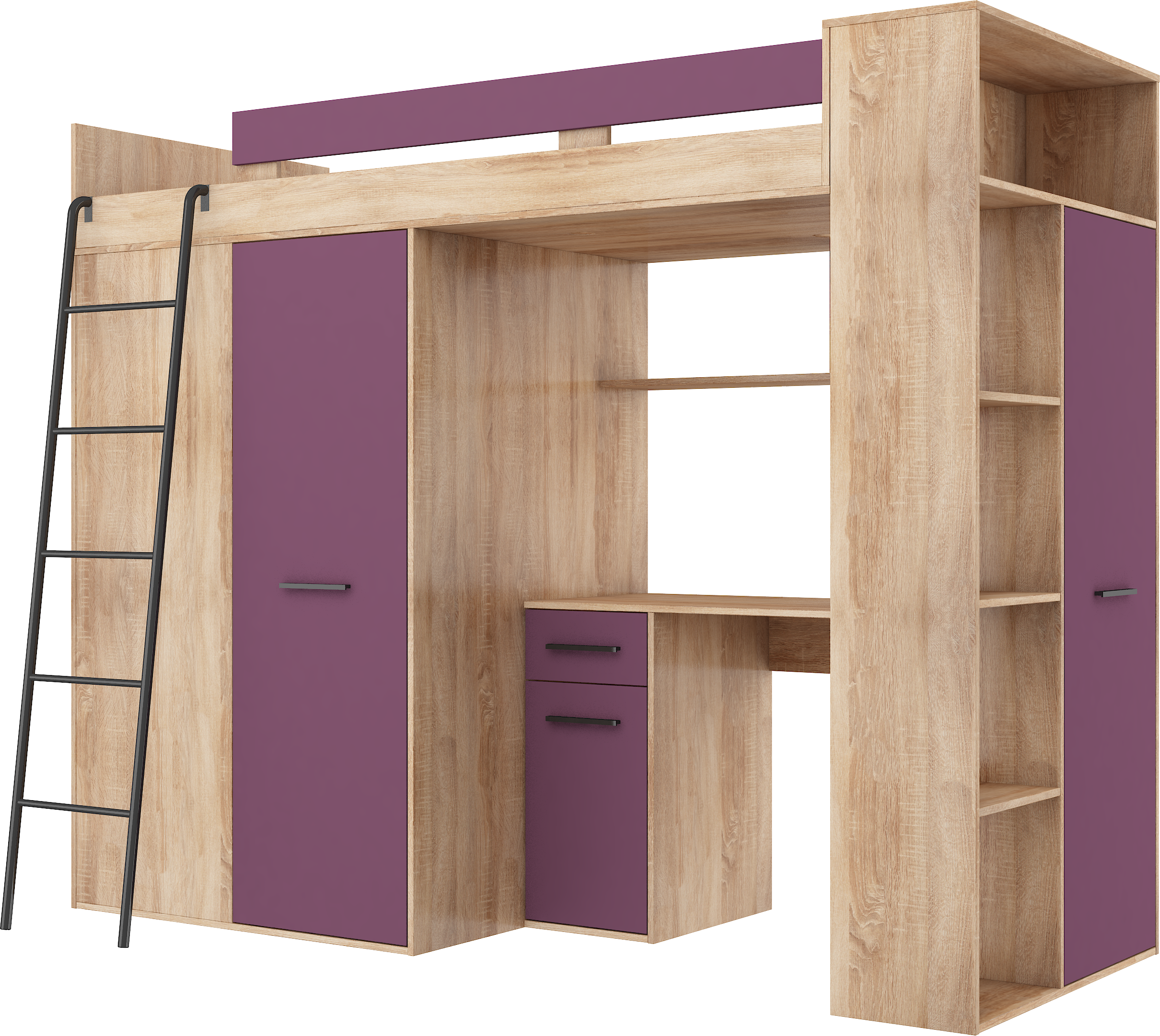 Etagenbett VER-L mit Leiter links, Kleiderschrank, Schreibtisch und viele Regale