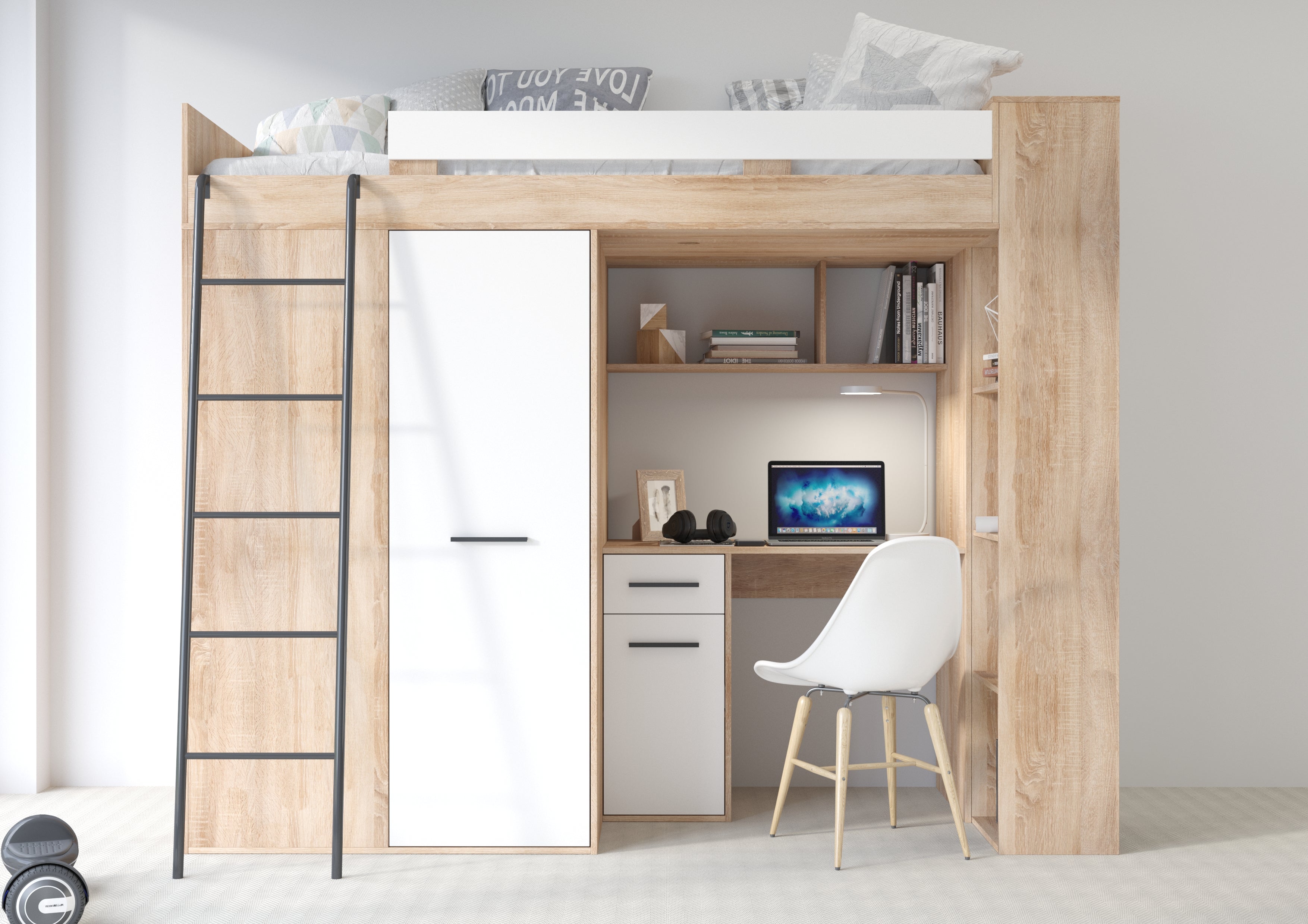 Etagenbett VER-L mit Leiter links, Kleiderschrank, Schreibtisch und viele Regale