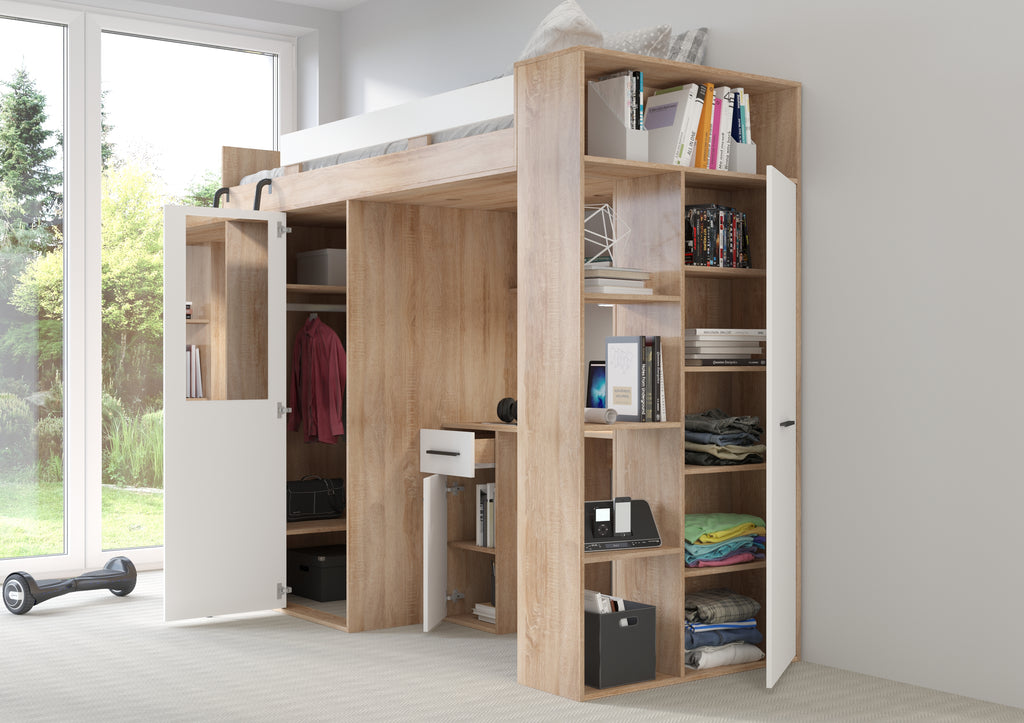Etagenbett VER-L mit Leiter links, Kleiderschrank, Schreibtisch und viele Regale